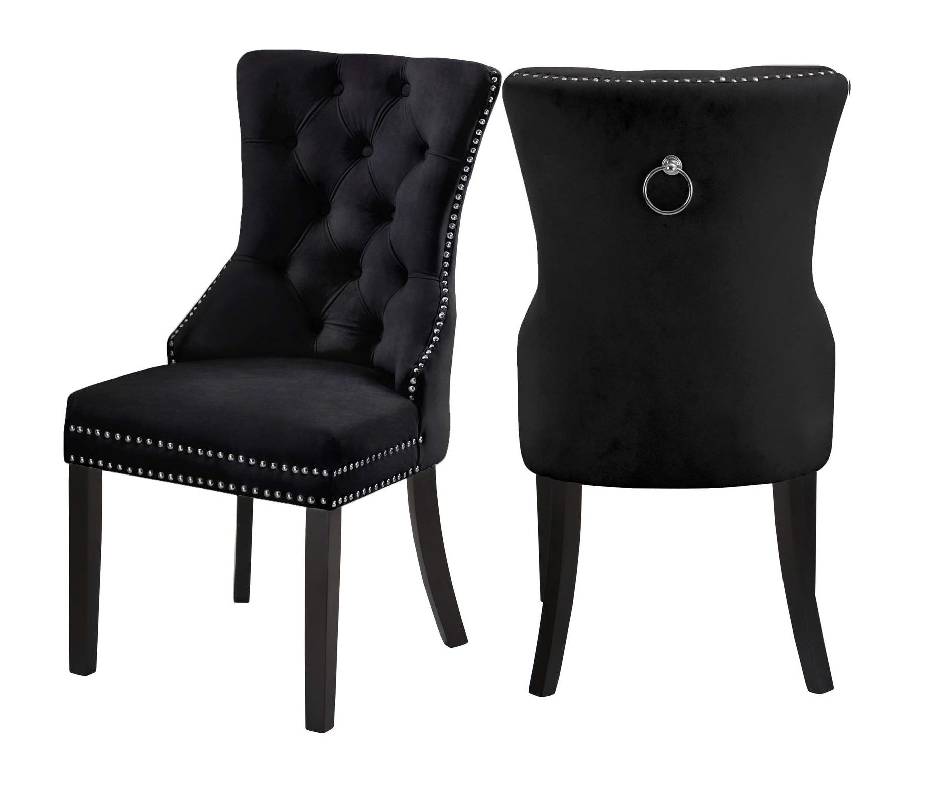 Luxury Black Velvet Dining Chairs with Nail Head Trim - Set of 2 Modern Upholstered Side Chairs for Dining Room, Kitchen, or Home Office