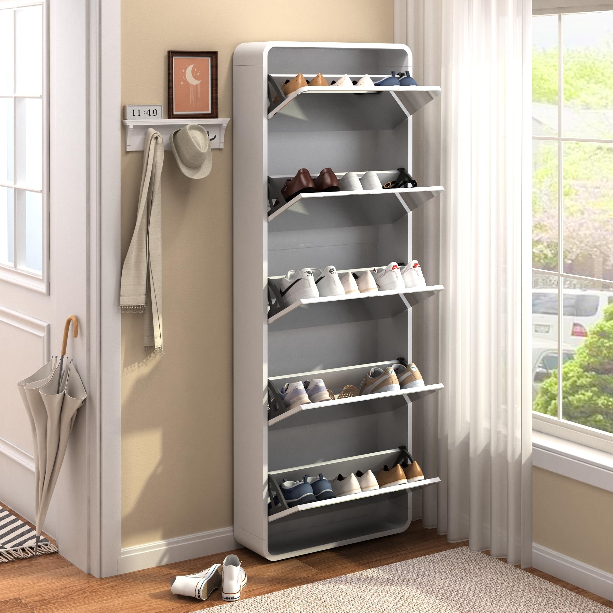 Slim Mirror Shoe Cabinet with Flip Drawers - Freestanding Narrow Shoe Rack Organizer with Full-Length Mirror - White Wooden Entryway Storage for Living Room, Hallway, Closet & Small Apartments - Perfect for Space-Saving Home Organization & Quick Outfit Checks