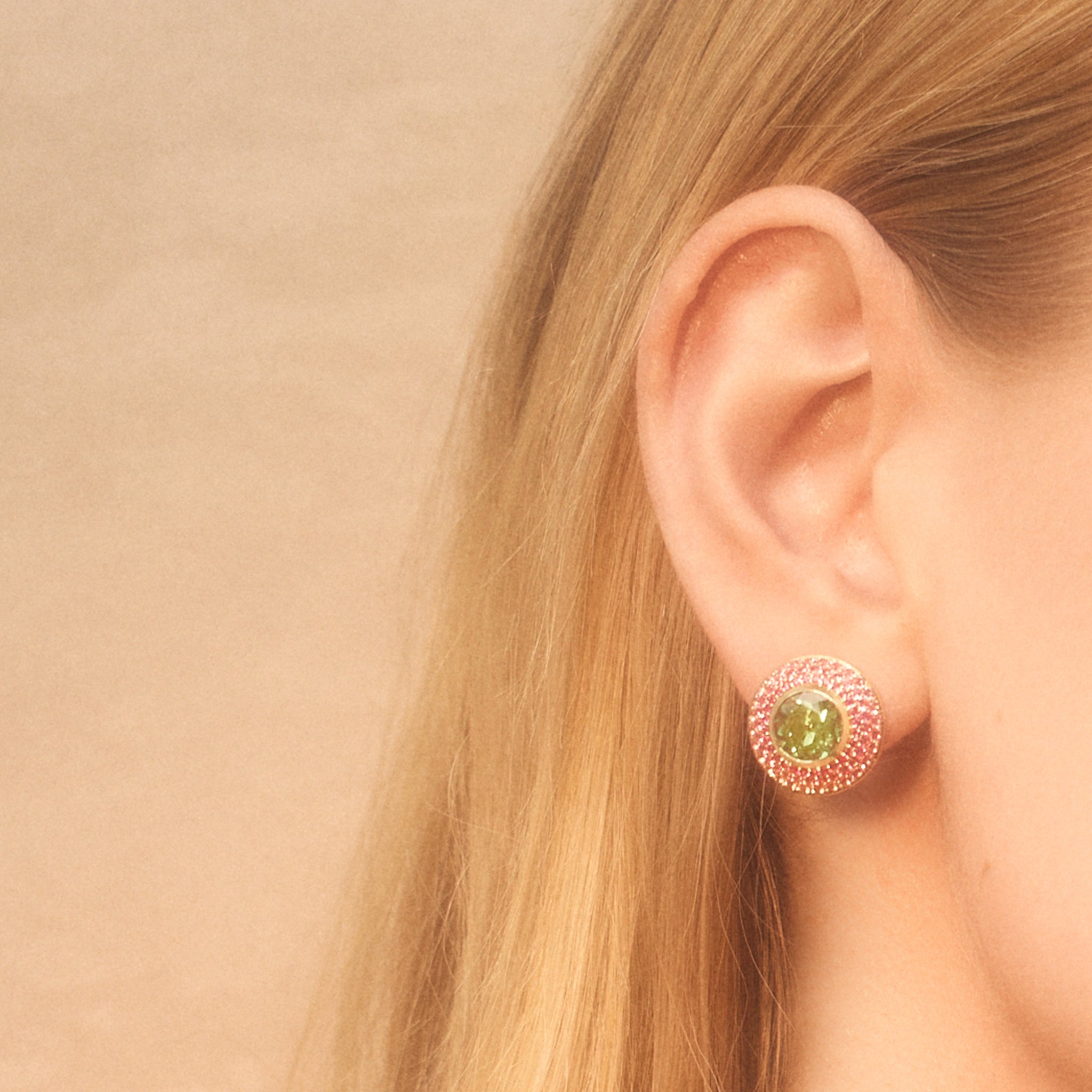 Emily P Wheeler Ombre Button Stud Earrings with Peridot & Pink Sapphires - Elegant Jewelry for Women, Perfect for Weddings, Parties & Everyday Wear