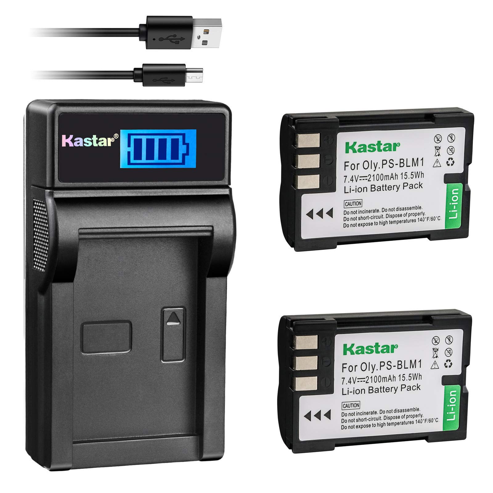 Kastar 2-Pack BLM-1 Battery & LCD Slim USB Charger for Olympus Digital Cameras - Compatible with C-5060, C-7070, C-8080, E-1, E-3, E-30, E-520, EVOLT E-300, E-330, E-500, E-510 - Perfect for Travel, Photography & Backup Power