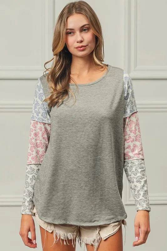 BiBi French Terry Paisley Triblend Color Block T-Shirt - Soft & Stylish Casual Wear for Women | Perfect for Everyday Outfits, Lounge Wear & Street Fashion