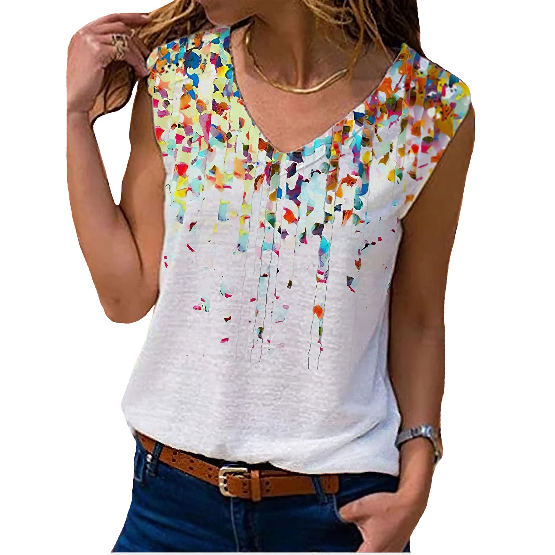 Trendy Floral Sleeveless V-Neck Tank Tops for Women - Summer Loose Fit Plus Size White T-Shirts - Perfect for Beach, Vacation & Casual Outings