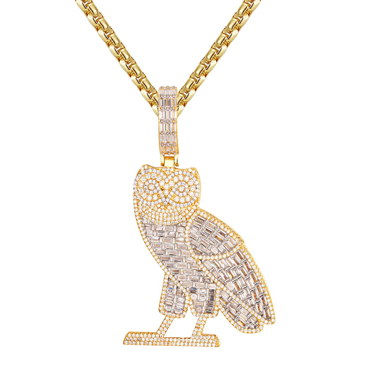 14K Gold Tone Owl Baguette Pendant for Men - Micro Pave Icy Custom Jewelry - Perfect for Gifts, Anniversaries & Everyday Wear