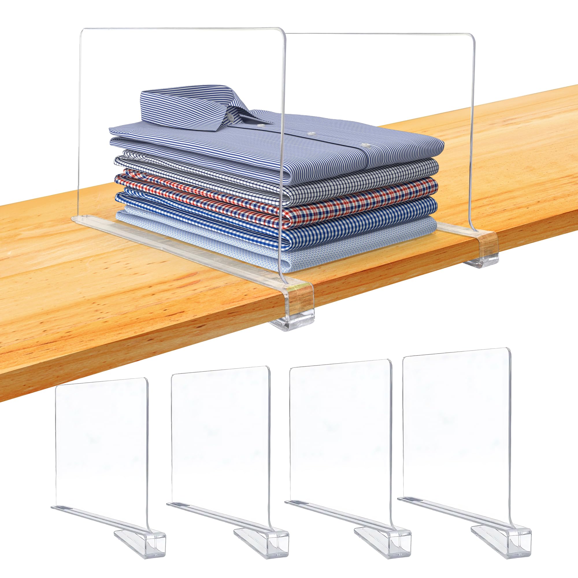 Clear Acrylic Shelf Dividers for Closet Organization - 4 Pack Plastic Shelf Organizers for Clothes, Purses & Storage - Perfect for Bedroom, Kitchen & Office Shelves - Space Saving Home & Office Organization Solution
