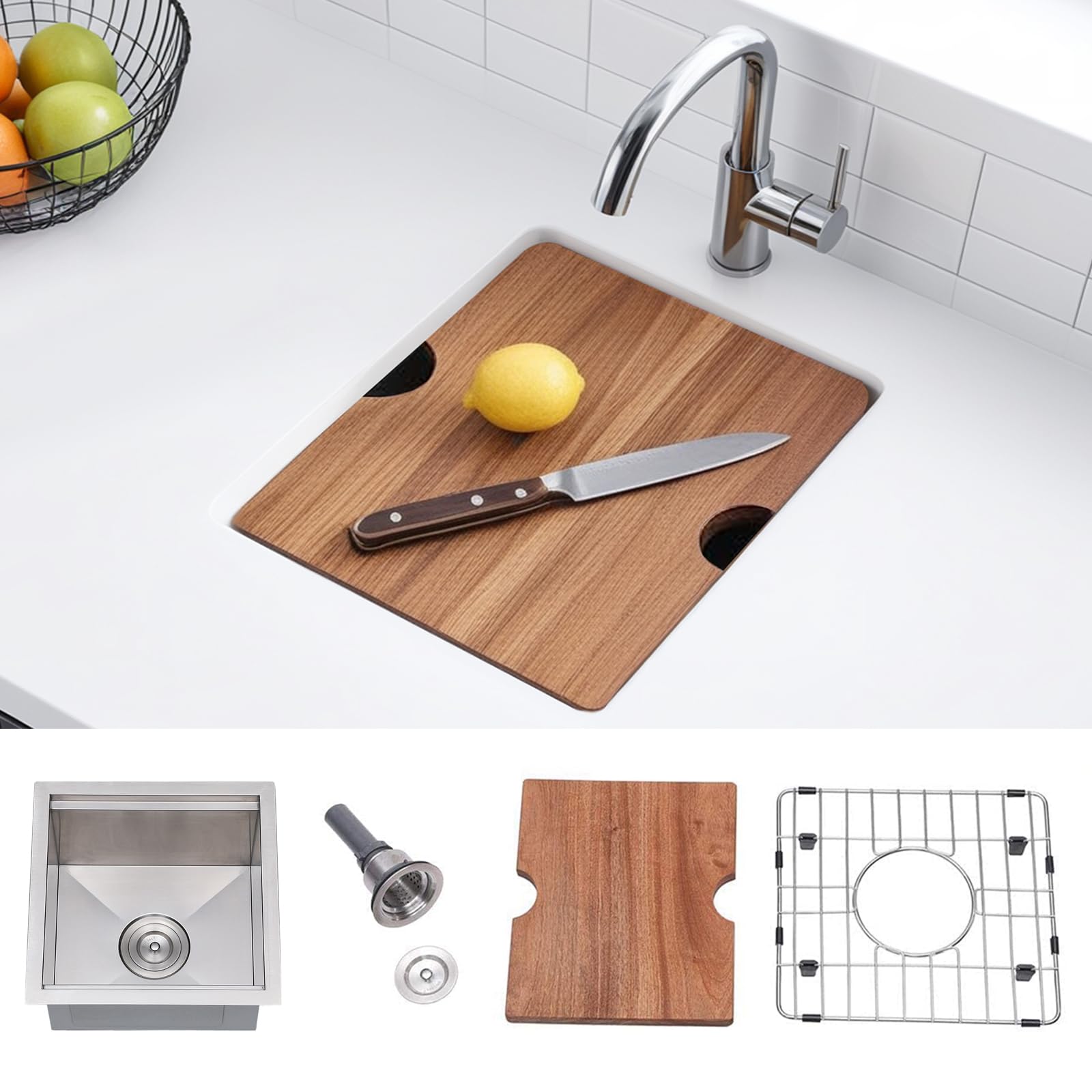 15x15 Inch Stainless Steel Undermount Bar Sink | 16 Gauge Commercial Grade Prep Sink with Accessories | Perfect for RV Kitchen, Wet Bar & Small Space Workstations | Durable & Stylish Single Bowl Design for Food Prep & Beverage Service