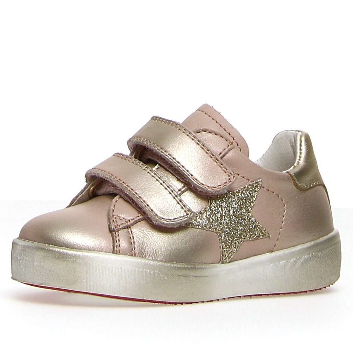 Naturino Annie Vl Girls' Glitter Sneakers - Calf Leather & Suede, Cipria/Platinum | Comfortable School Shoes & Casual Wear for Kids