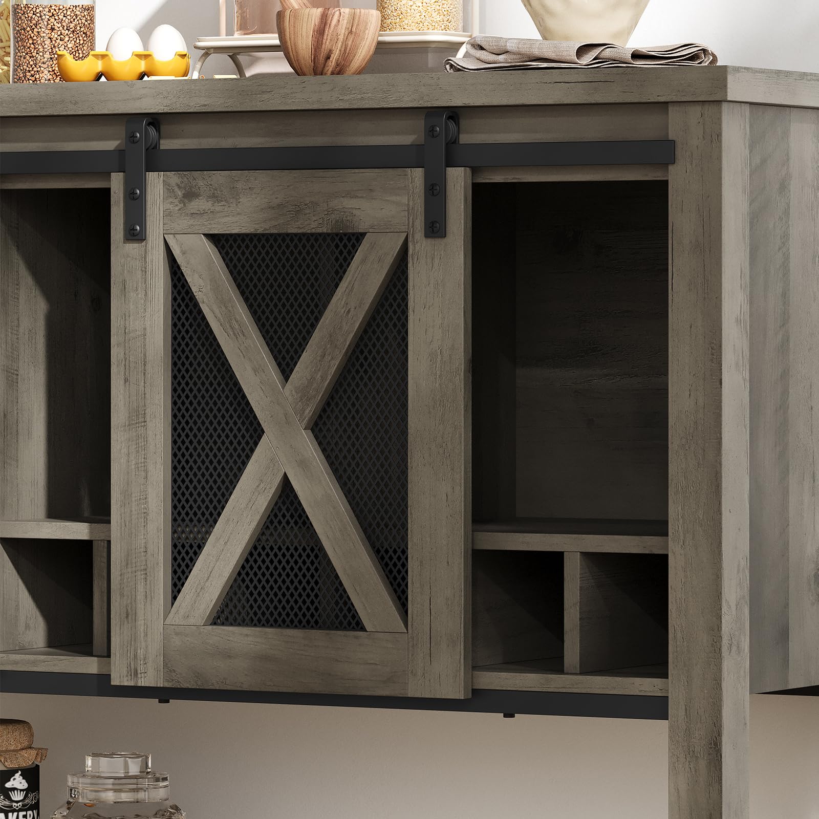 Farmhouse Bar Cabinet with Storage - Sideboard Buffet & Coffee Bar Cabinet with Sliding Barn Door - Wine Cabinet with Wine Rack for Kitchen, Dining Room & Living Room - Perfect for Home Entertaining & Storage Solutions