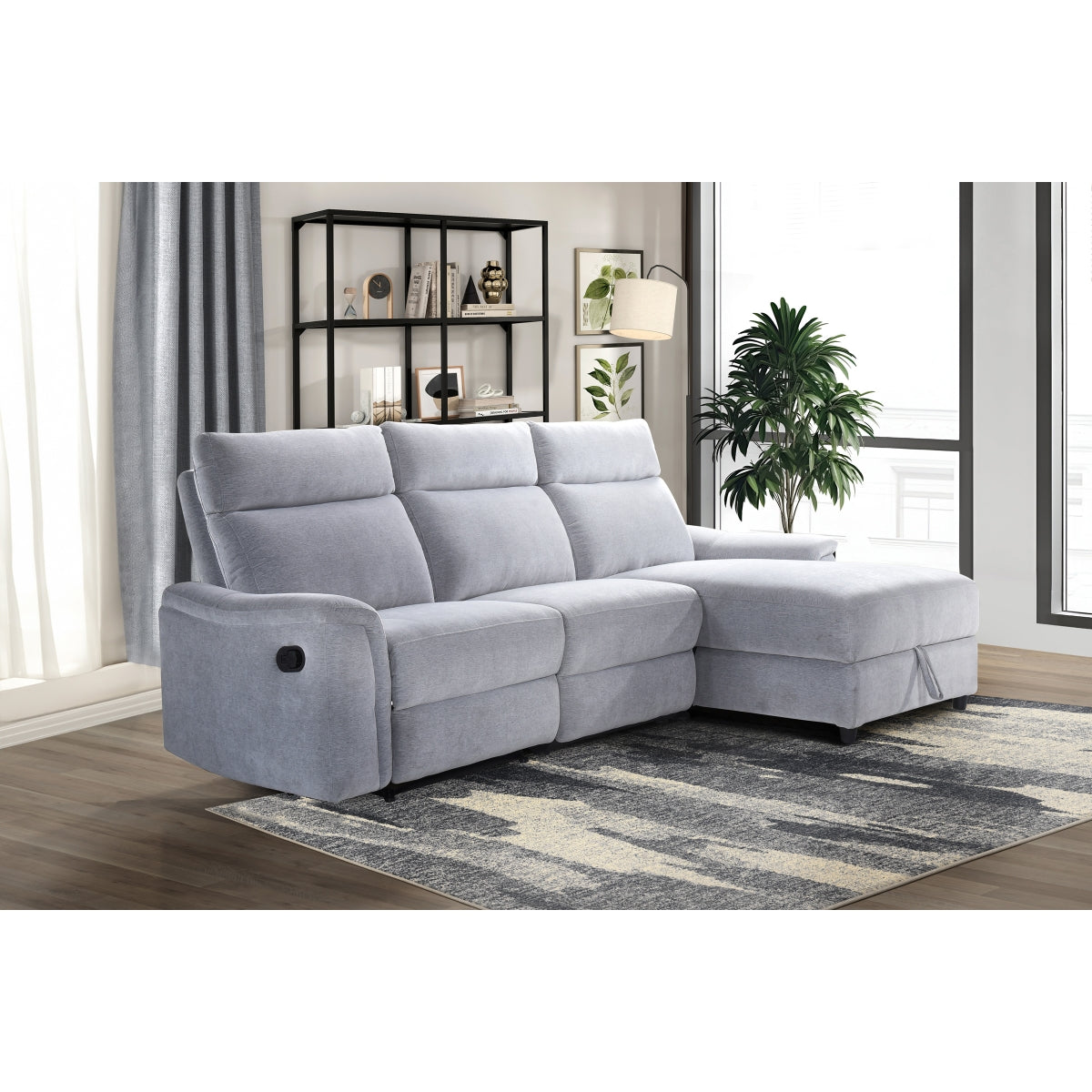Grey Chenille 3-Piece Sectional Sofa with Storage Chaise & Recliner - Perfect for Living Room, Family Room or Home Theater