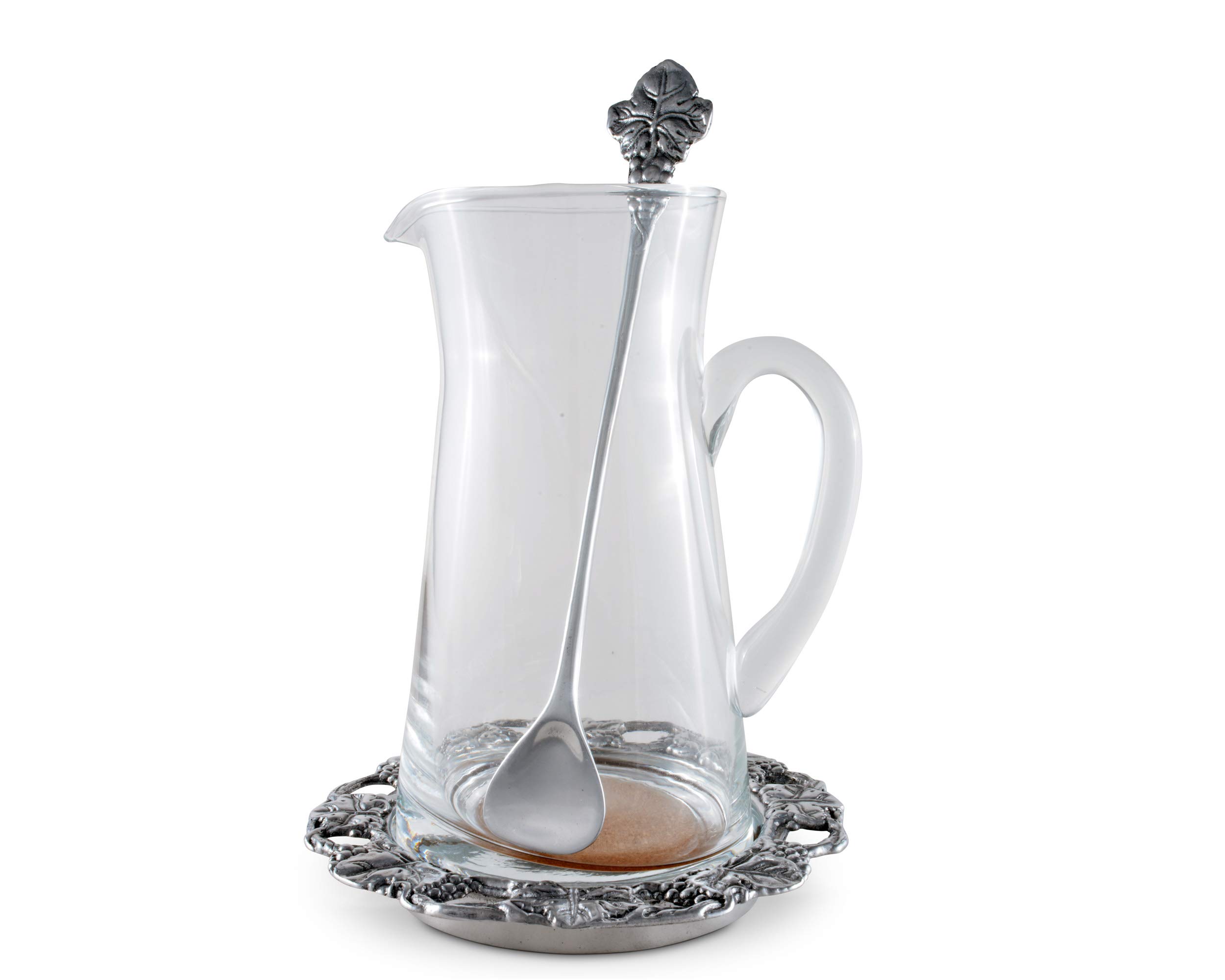 Arthur Court Designs 3-Piece Beverage Set - Glass Pitcher with Grape Design, Coaster & Stirrer - 8.5 Inch Tall Water Jug for Cold Drinks, Iced Tea, Lemonade & Juice - Perfect for Parties, BBQs & Outdoor Entertaining
