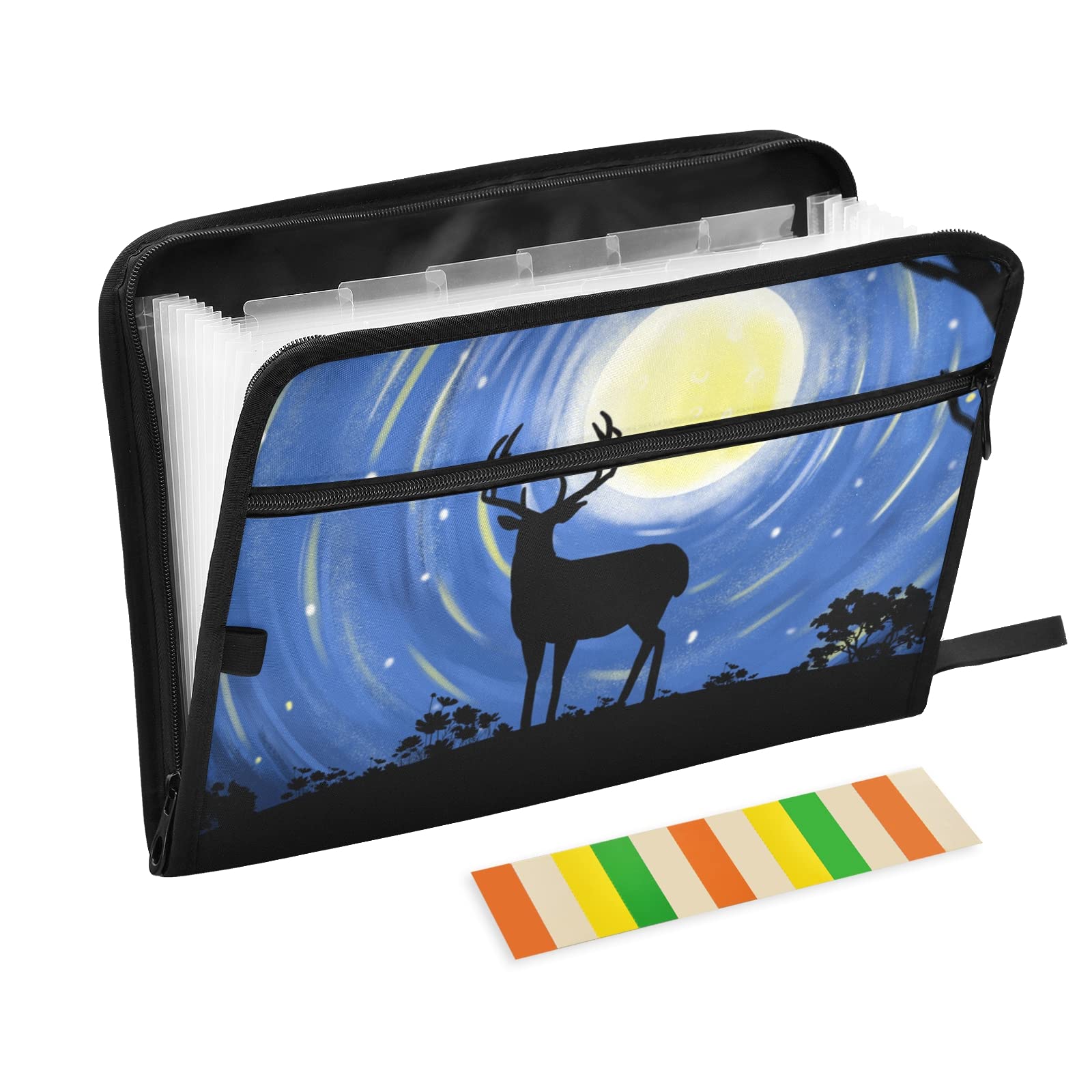 UMIRIKO 13-Pocket Expanding File Folder with Sticky Labels - Accordion Document Organizer for A4 Letter Size - Reindeer Deer Design - Zipper Closure (20220872) - Perfect for Office, School, and Home Organization