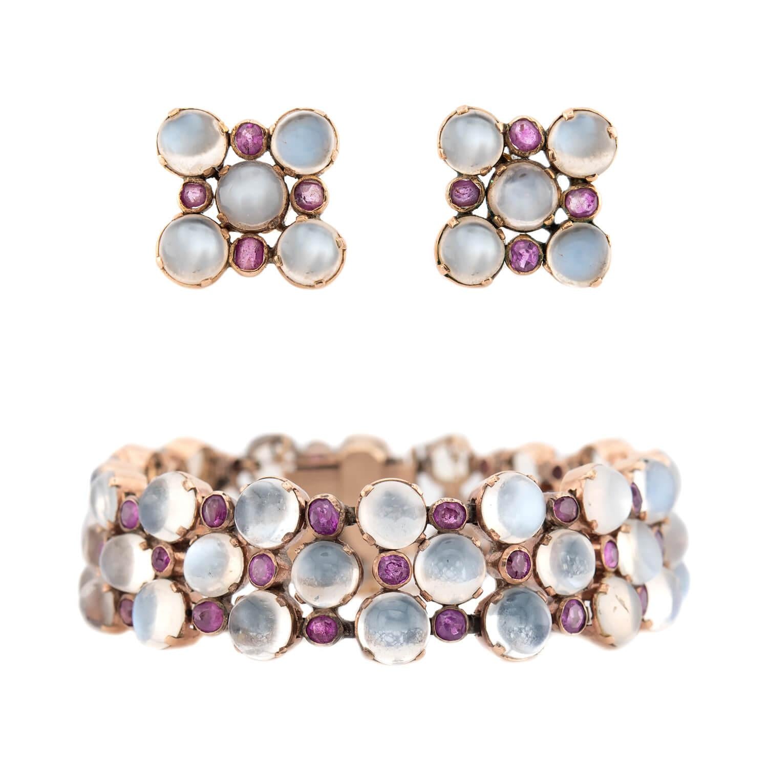 Vintage 14K Gold Moonstone & Sapphire Earrings and Bracelet Set for Women - Elegant Jewelry Gift for Wedding, Anniversary & Special Occasions