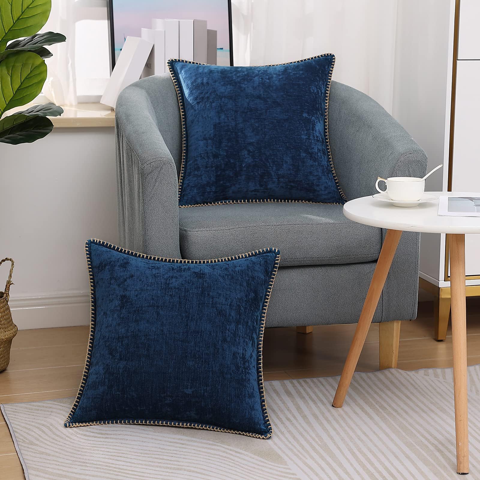 Chenille Soft Throw Pillow Covers 16x16 Set of 2 - Farmhouse Velvet Decorative Couch Pillows with Stitched Edge for Sofa, Bed & Home Decor | Cozy Living Room, Bedroom & Dorm Essentials | Poseidon Design