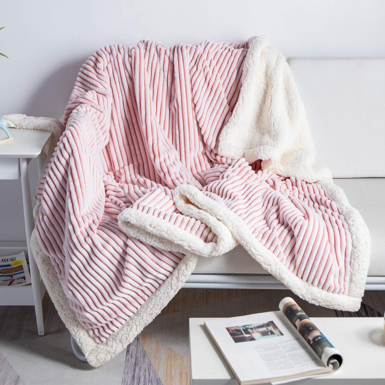 DISSA Sherpa Fleece Blanket - 60x80 Inches, Reversible Pink & White - Ultra Soft, Plush & Cozy for Winter - Perfect for Bed, Couch, Sofa or Chair - Twin Size Warm Fuzzy Blanket for Home, Office & Travel Use
