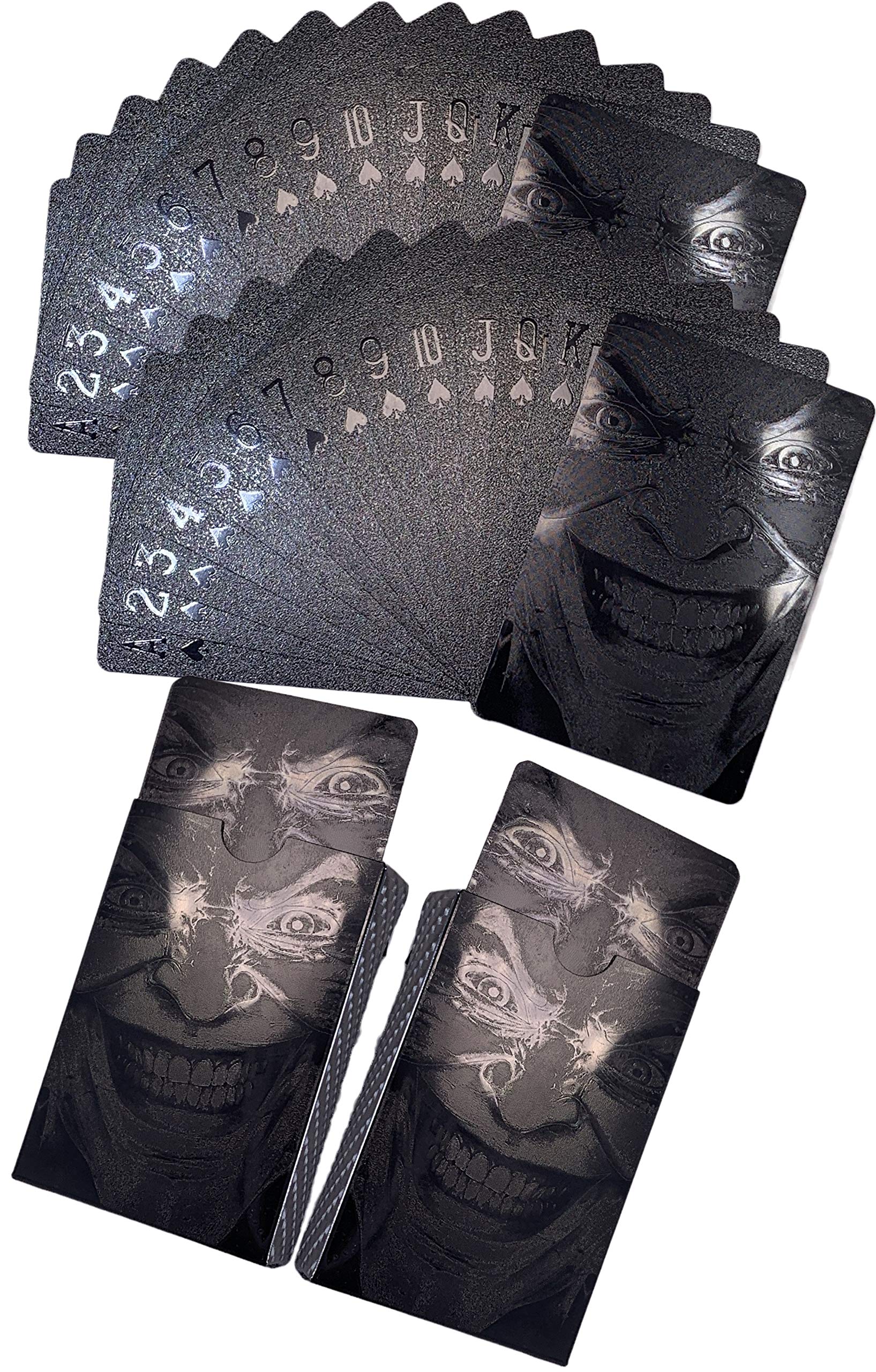 Black Playing Cards Deck - 2 Pack Premium PET Plastic Poker Cards with Evil Smile Clown Design | Waterproof, Unique Themed Magic & Party Game Cards for Poker Nights, Card Tricks, and Casino-Themed Events