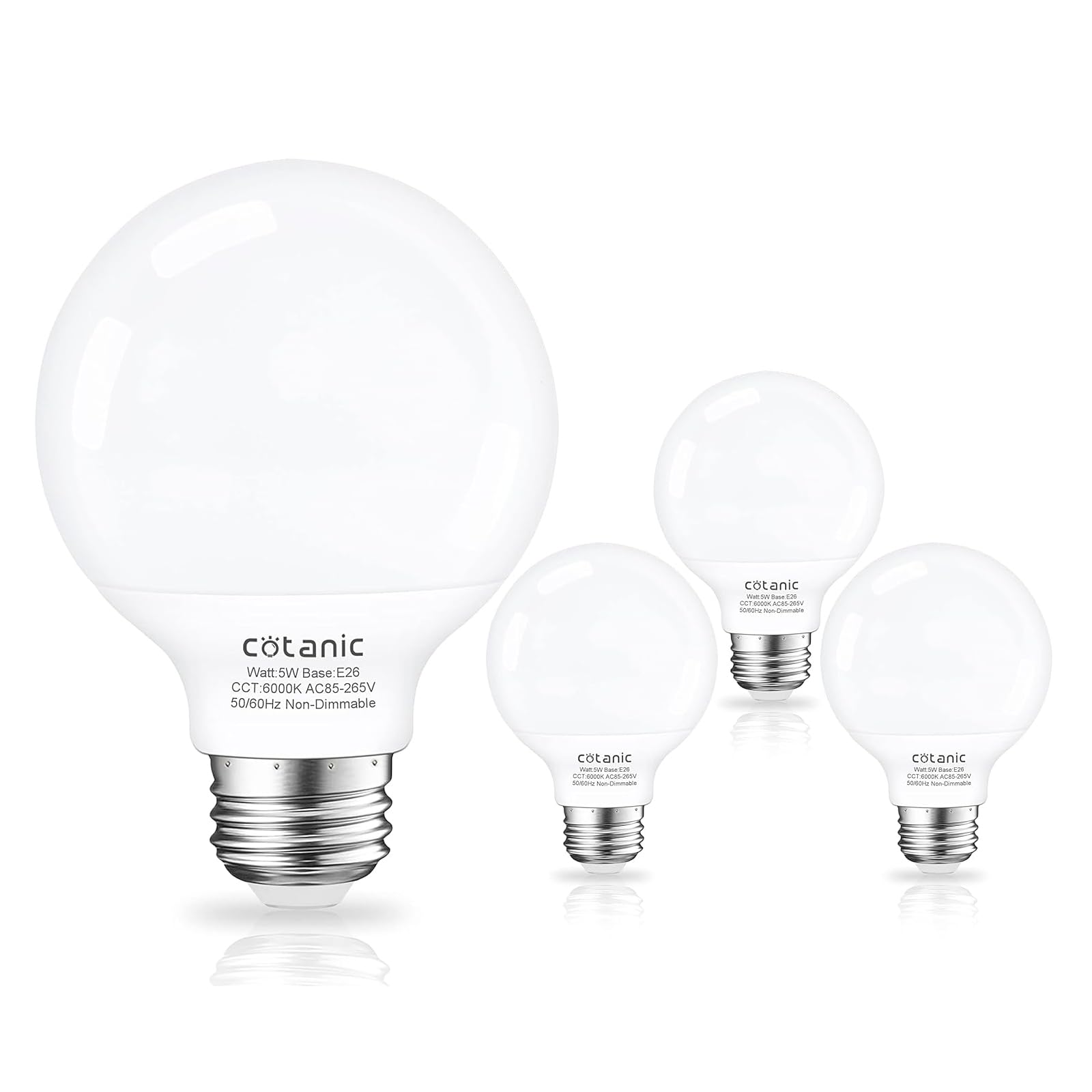 Cotanic G25 Globe Light Bulbs 6000K Daylight White - 4 Pack, E26 Base, 5W (60W Equivalent), 500LM, Non-Dimmable - Perfect for Bathroom Vanity, Dressing Room & Makeup Mirror Lighting