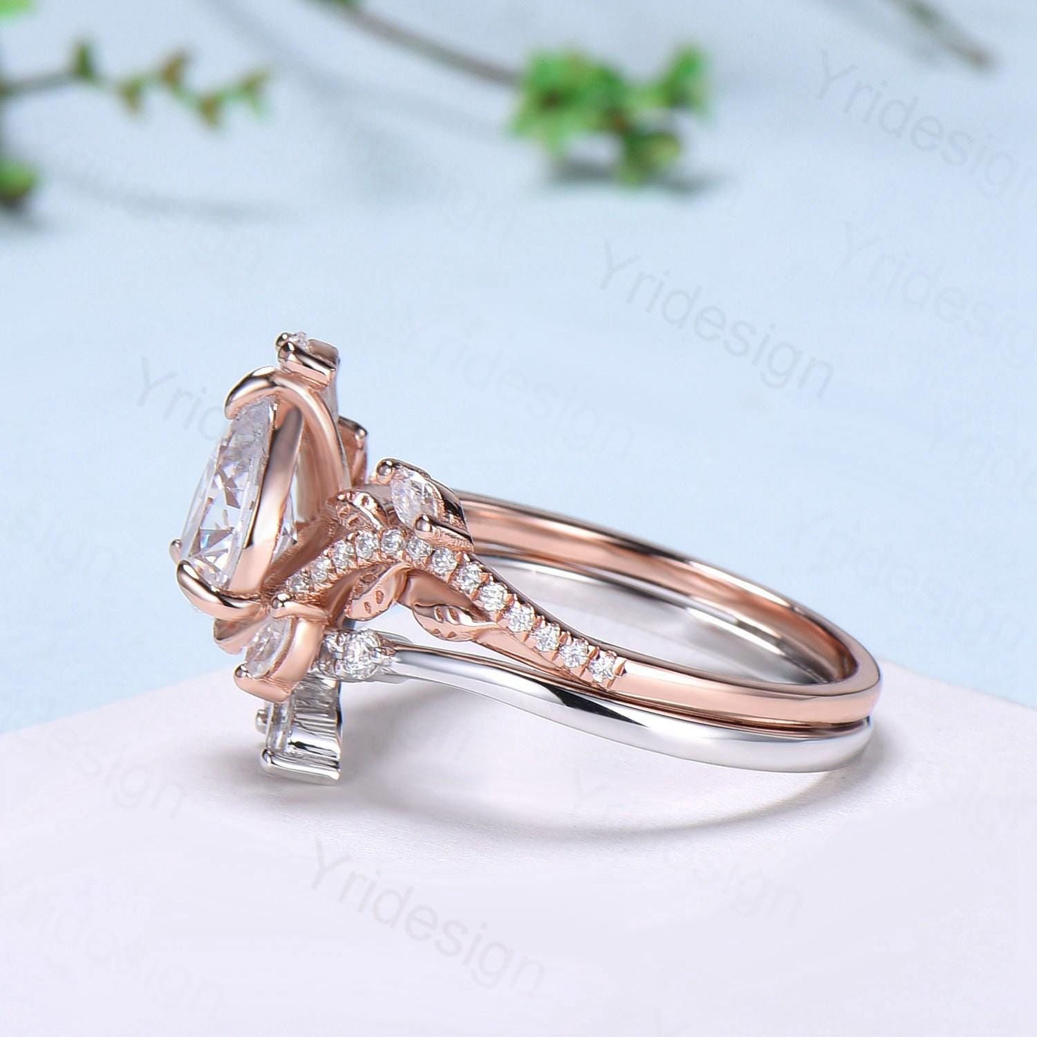 Pear Shaped Brilliant Moissanite Engagement Ring Set - Nature Inspired Snake Eternity Wedding Band - Moissanite Promise Bridal Jewelry - Perfect Gift for Women - Ideal for Proposals, Anniversaries & Special Occasions