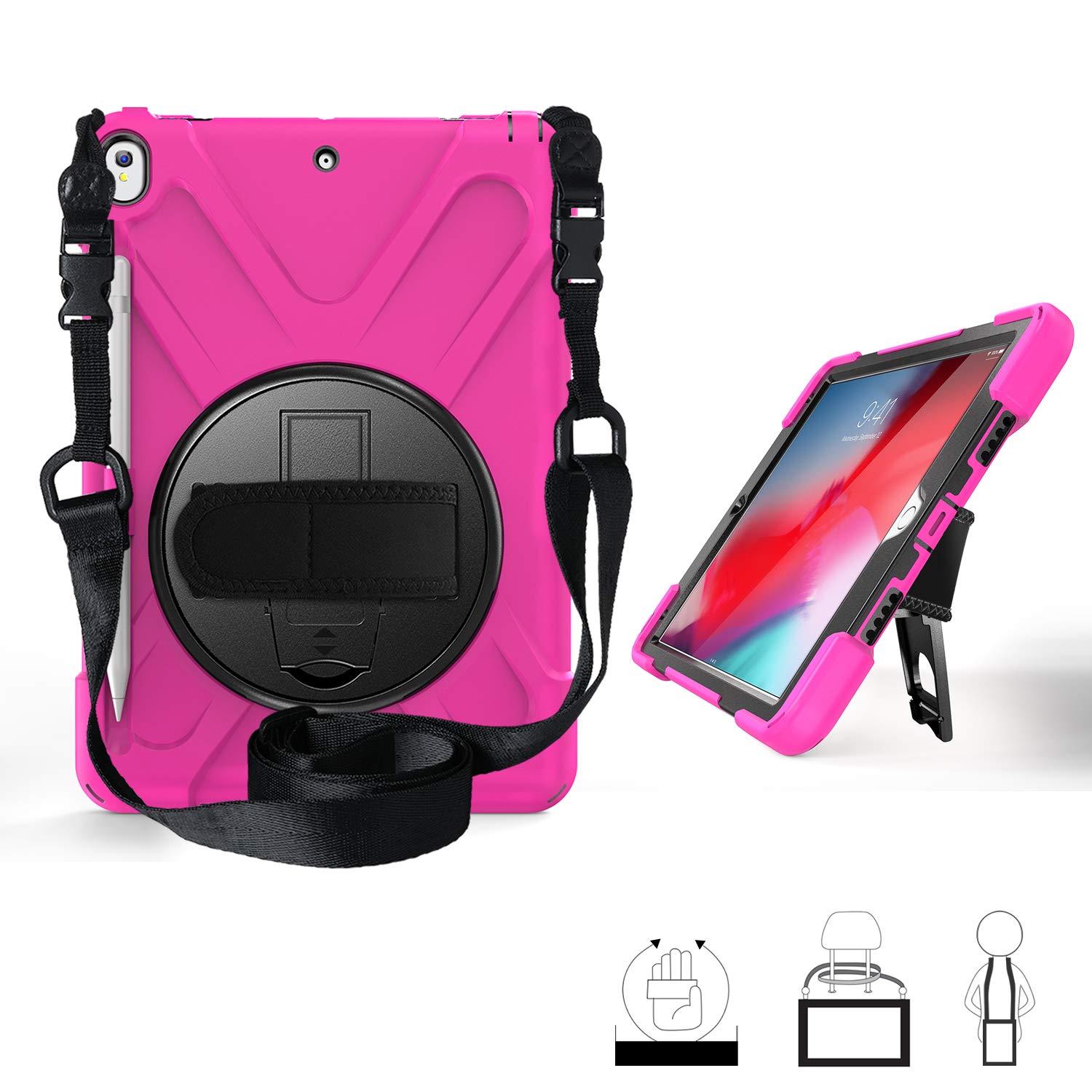 iPad Air 3rd Gen 10.5 Case with Tempered Glass Screen Protector & Kickstand - Heavy Duty Protective Cover with Carrying Strap for Apple iPad Pro Air 10.5