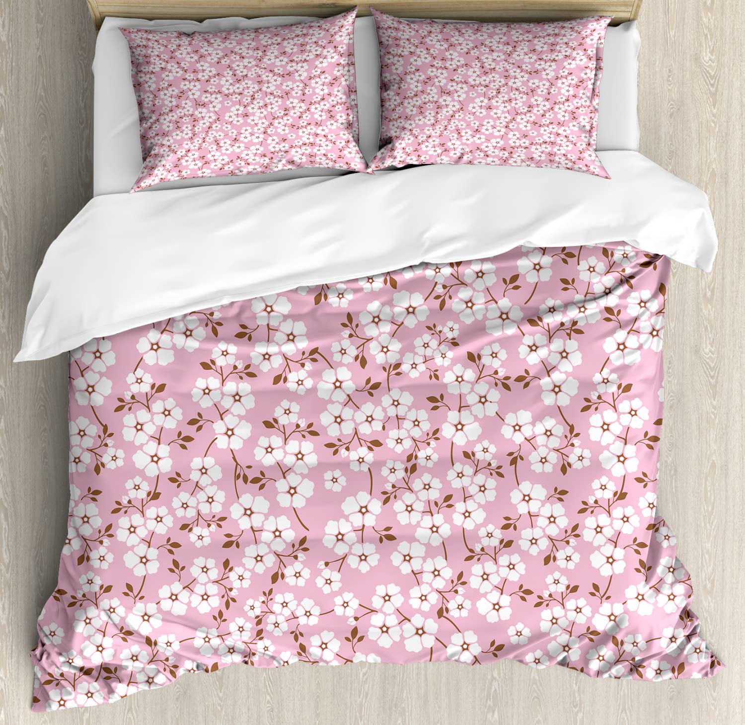 Ambesonne Pink and White Duvet Cover Set - Queen Size 2-Pack with 2 Duvet Covers & 4 Pillowcases, Floral Calico Design with Cheery Blossom Pattern - Perfect for Spring Bedroom Decor, Guest Room Makeover, and Cozy Home Styling