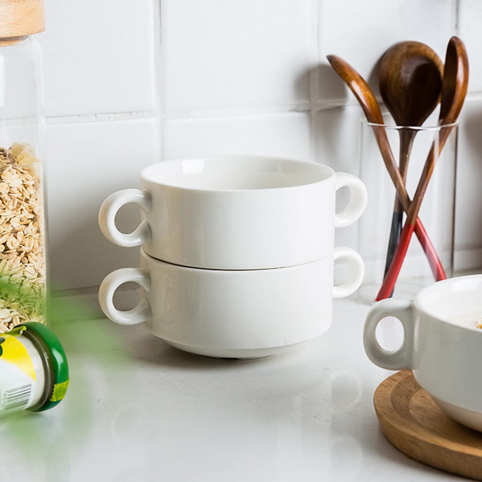 6-Piece Ceramic Soup Bowls with Handles - Microwave & Oven Safe White Bowls for French Onion Soup, Cereal, Chili, Stew, Salad & Fruit - Perfect for Dining, Entertaining & Everyday Use (10 oz, White)
