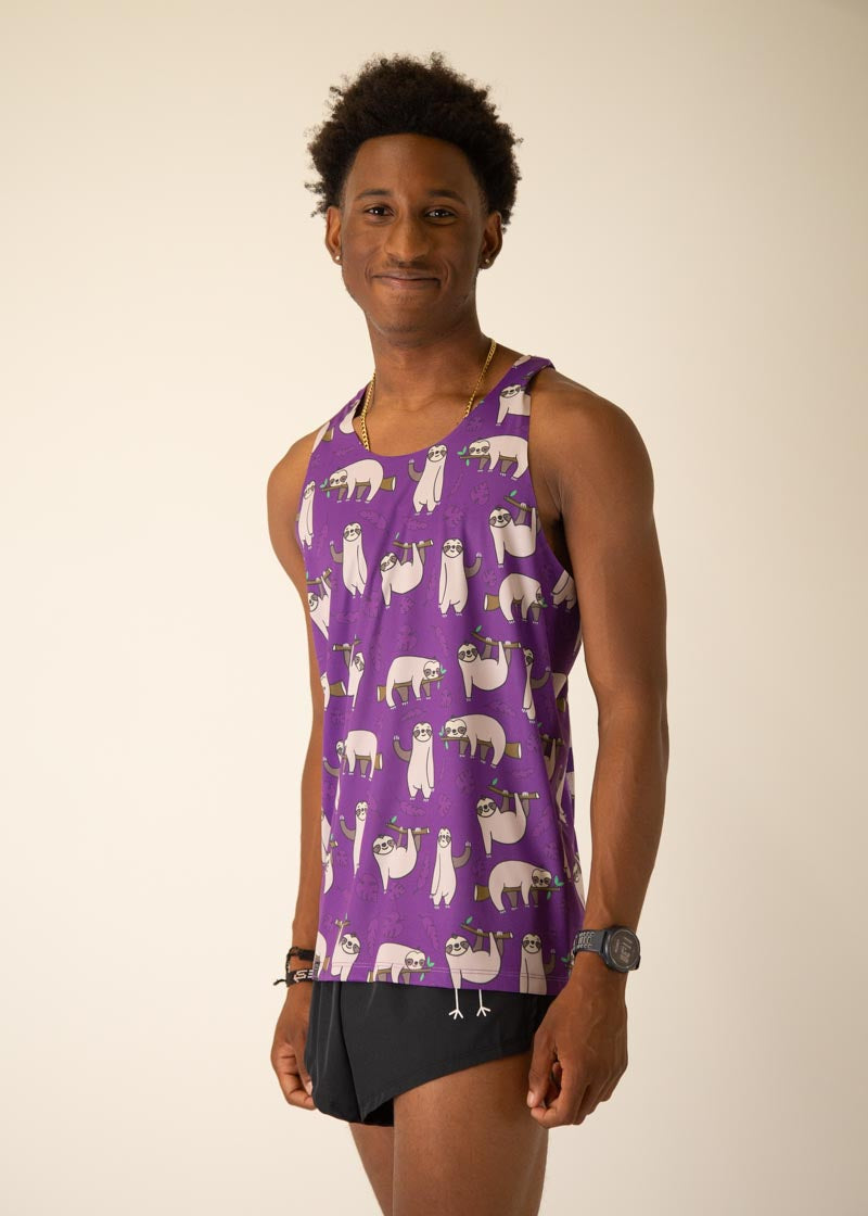 Men's Sloth Print Performance Singlet - Breathable & Moisture-Wicking Workout Tank Top for Gym, Running & Athletic Training