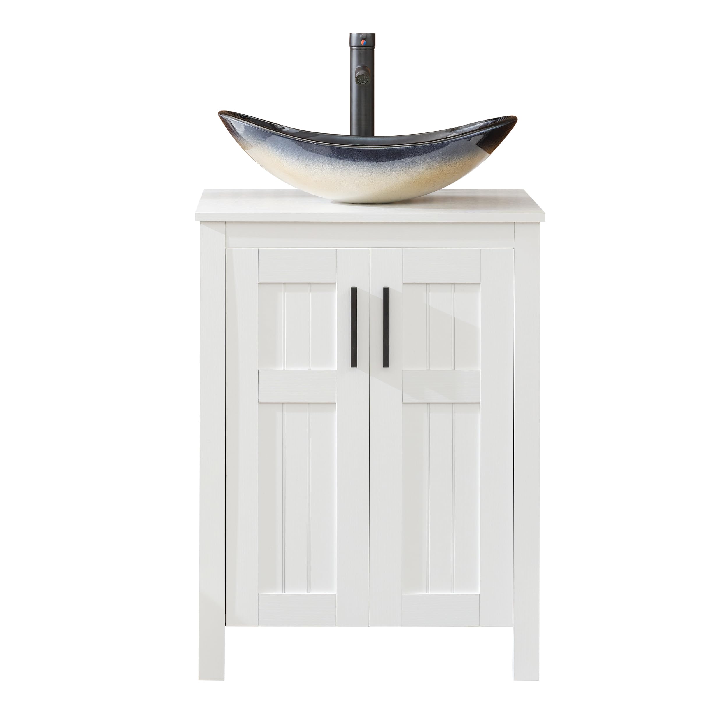 24 Inch White UEV Freestanding Bathroom Vanity with Champagne Boat Glass Vessel Sink - Modern Double Door Vanity Cabinet with Grooved Design & Metal Handles - Perfect for Small Bathrooms, Powder Rooms & Contemporary Home Decor