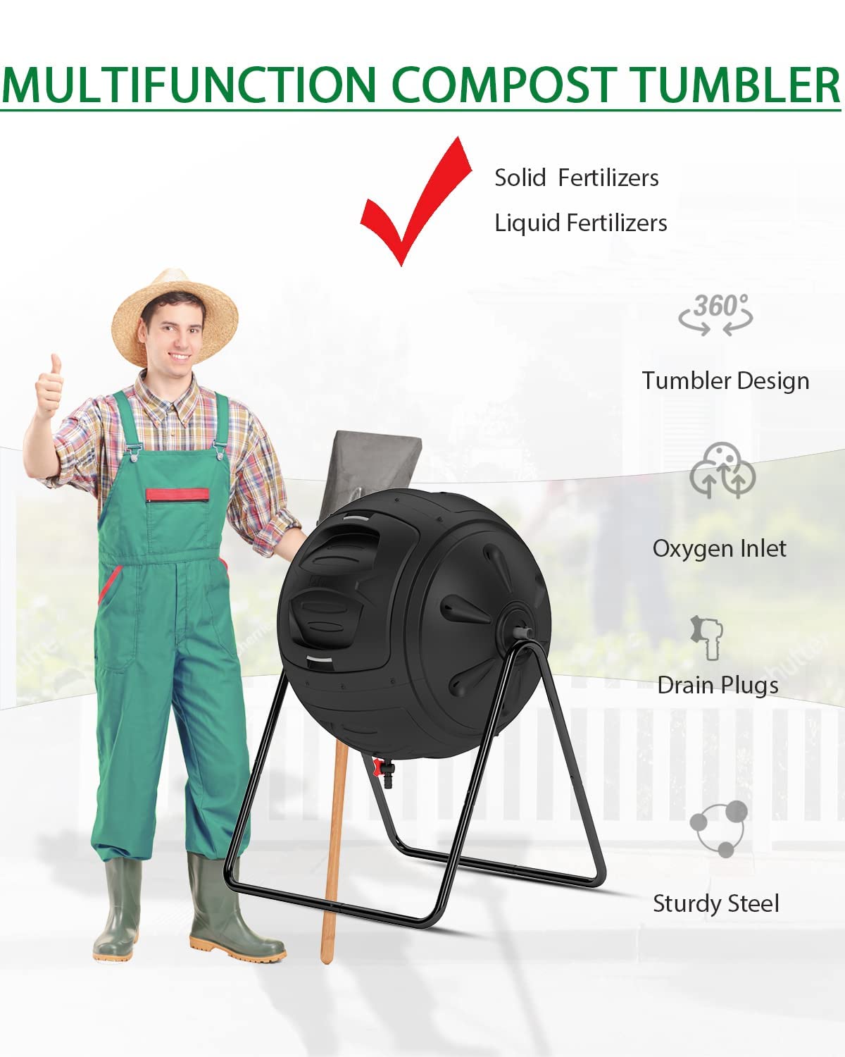 EJWOX Heavy Duty Garden Pot Mover with Wheels & Tumbling Composter - Outdoor Plant Dolly for Moving Large Pots, Gardening Tools for Women & Men - Perfect for Lawn Care, Patio Decor & Backyard Composting