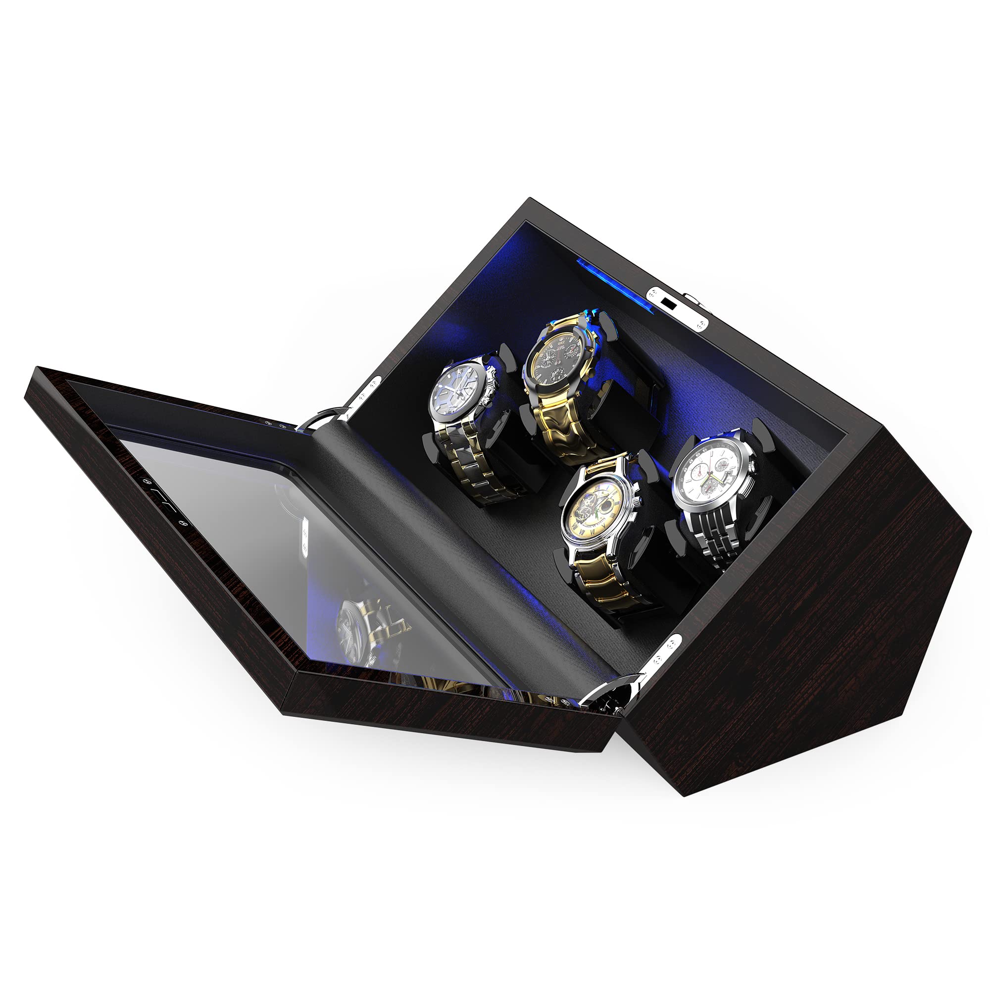 Premium Automatic Watch Winder for Rolex & Luxury Watches - 4 Watch Capacity with Ultra Quiet Motor, Blue LED Display & 4 Rotation Modes - Adjustable Cushions & Dual Power Supply (AC/Battery) - Perfect for Watch Collectors, Travel & Nightstand Storage