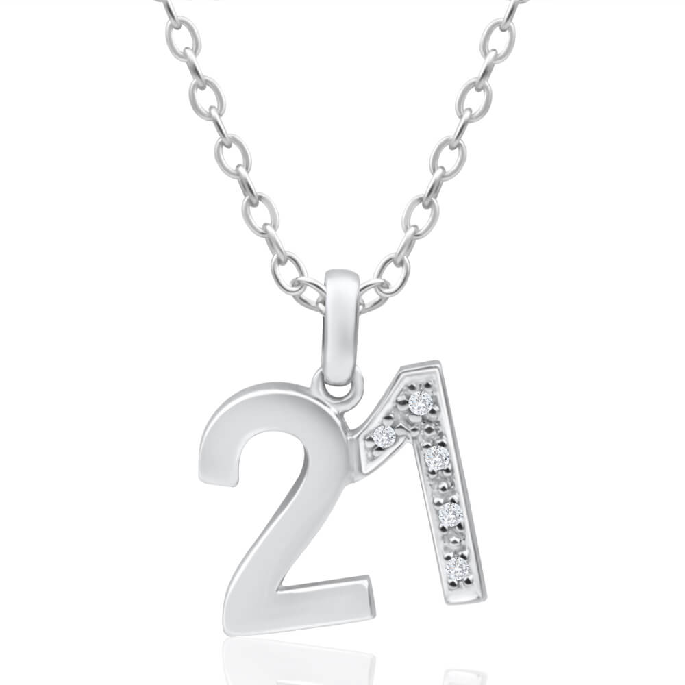 9ct White Gold 21 Pendant Necklace with 5 Genuine Diamonds - Elegant Jewelry Gift for Women, Perfect for Anniversaries & Special Occasions