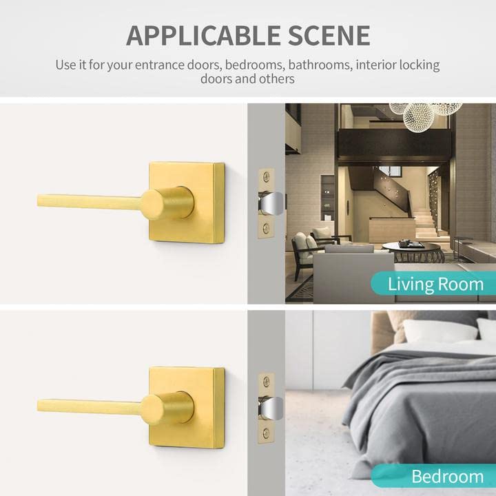 3 Pack Satin Brass Slim Door Lever Handles - Heavy Duty Passage Function for Closet & Interior Doors (Left/Right Handed) - Perfect for Bedrooms, Bathrooms & Cabinets