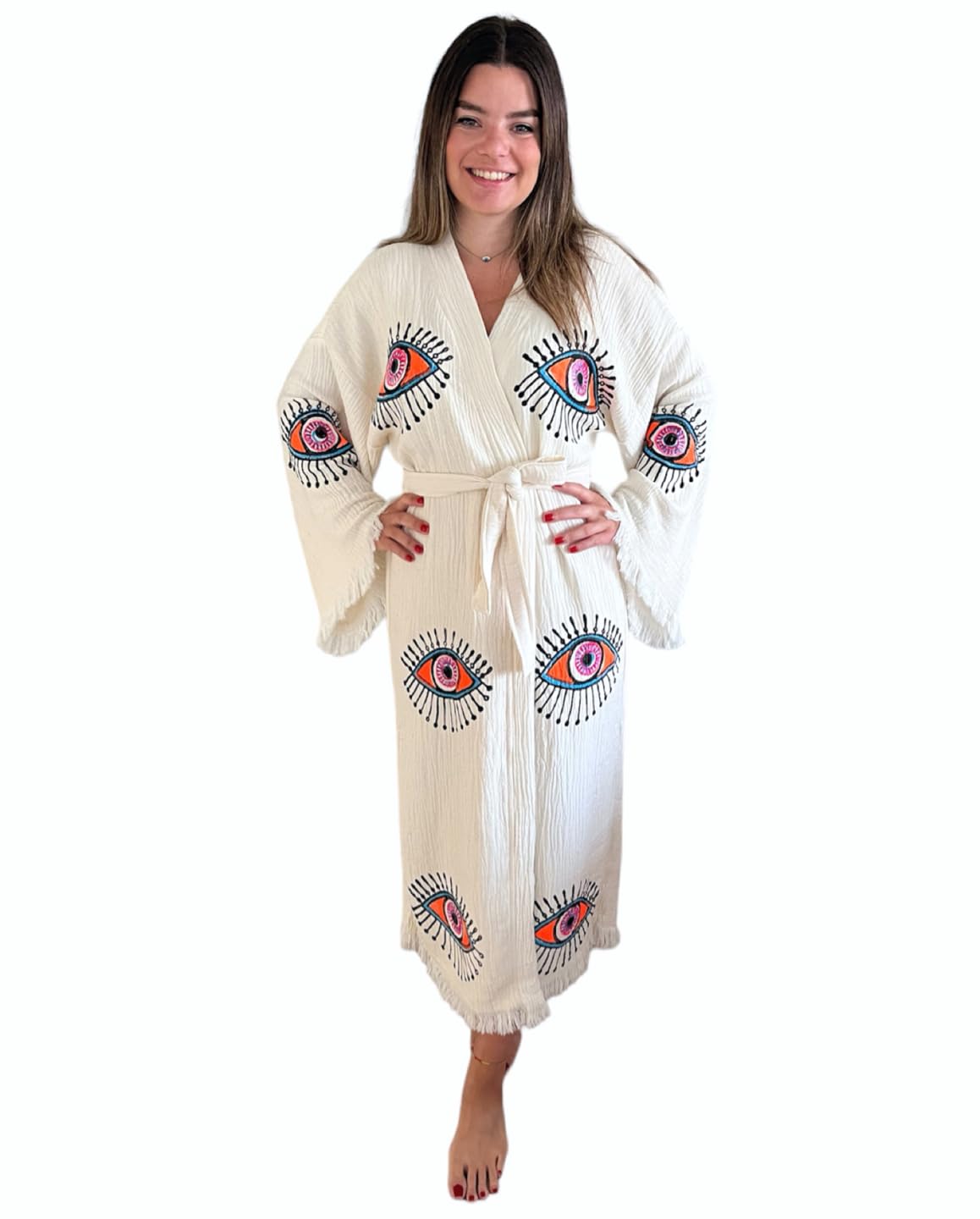 Handmade Evil Eye Kimono - Women's Beach Cover Up, Festival Bohemian Robe, Boho Cotton Cardigan & Dressing Gown for Summer, Poolside, Music Festivals & Relaxation at Home
