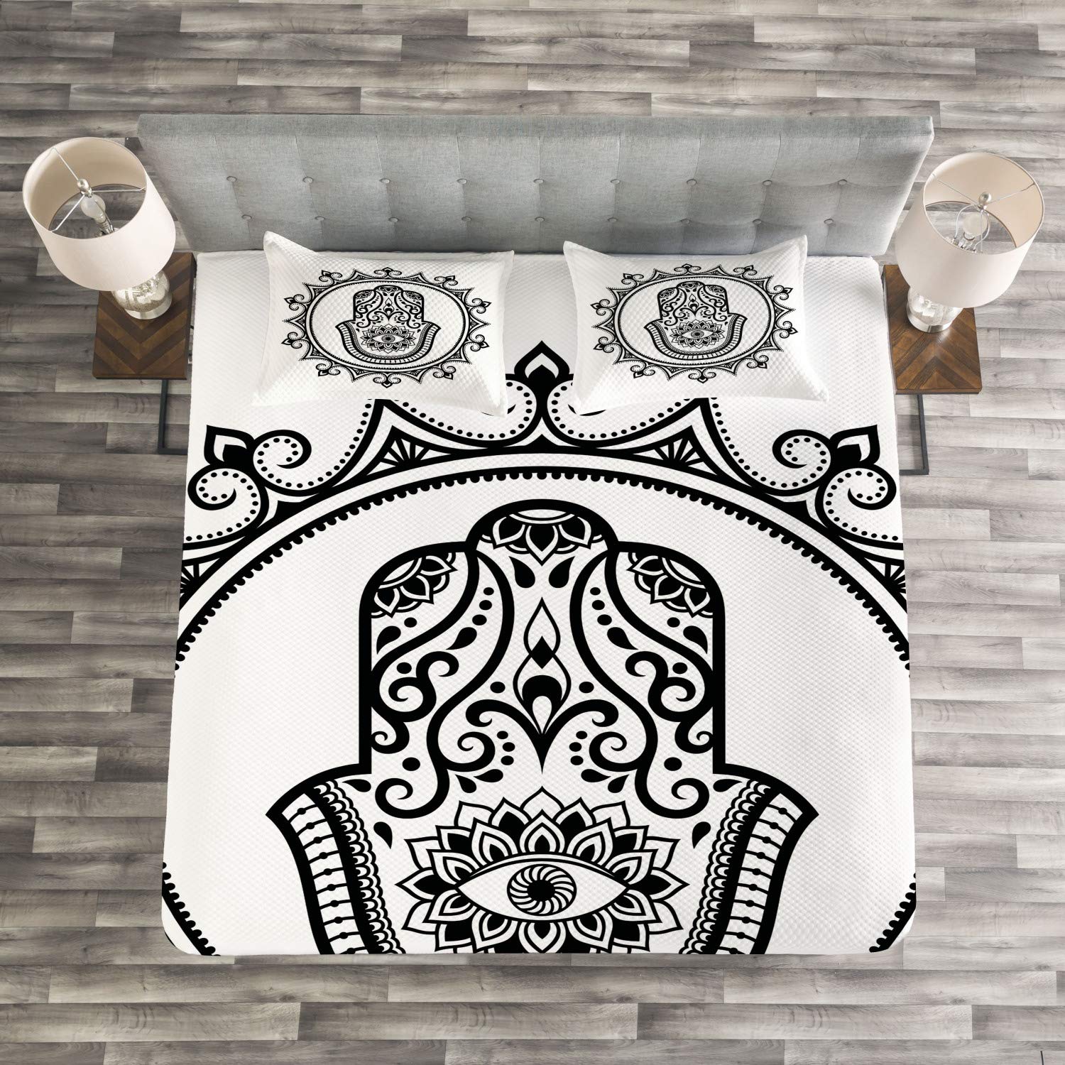 Ambesonne Evil Eye Bedspread Set - Hamsa Hand with Evil Eye Mandala Design, 3-Piece Decorative Bedding Coverlet & 2 Pillow Shams, King Size, White & Black - Perfect for Boho Bedroom Decor, Spiritual Protection & Unique Gift Ideas