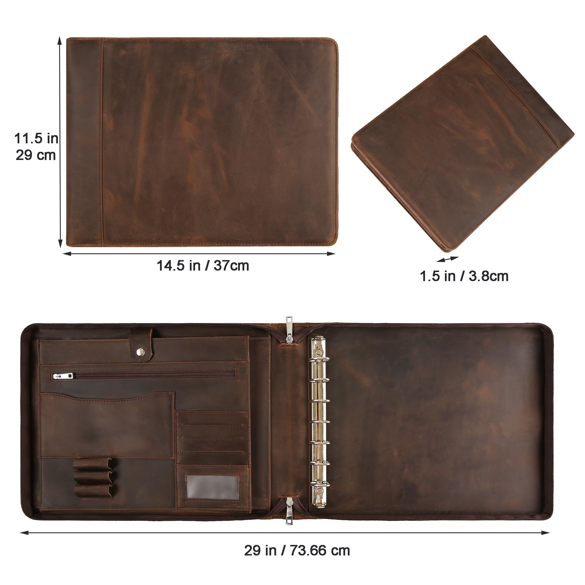 Premium Leather Business Checkbook Binder - 7-Ring Zippered Organizer with Checkbook Holder for 3 Per Page Checks, 600 Checks Capacity for 9x13 Inch Sheets, Dark Khaki - Ideal for Office, Accounting & Financial Management
