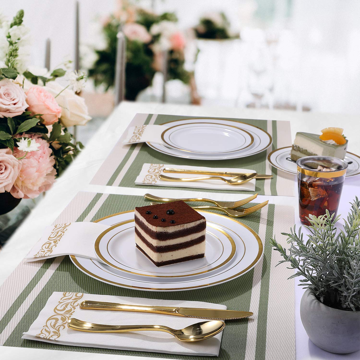 Premium 175-Piece Gold Trimmed Disposable Dinnerware Set for 25 Guests - Elegant White Plastic Plates with Gold Rim, Includes 25 Dinner Plates, 25 Dessert Plates, 25 Silverware Sets, 25 Cups & 25 Napkins - Perfect for Weddings, Parties, Catering & Special Events