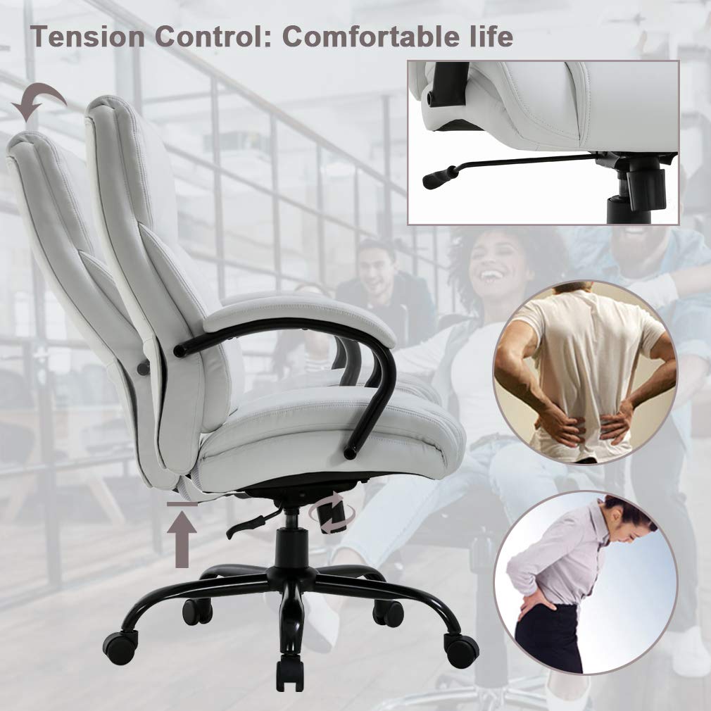 500lbs Heavy Duty Ergonomic Office Chair - Wide Seat PU Leather Executive Desk Chair with Adjustable Lumbar Support & Armrests - High Back Computer Task Chair for Big & Tall People - Perfect for Home Office, Gaming & Workspaces (White)