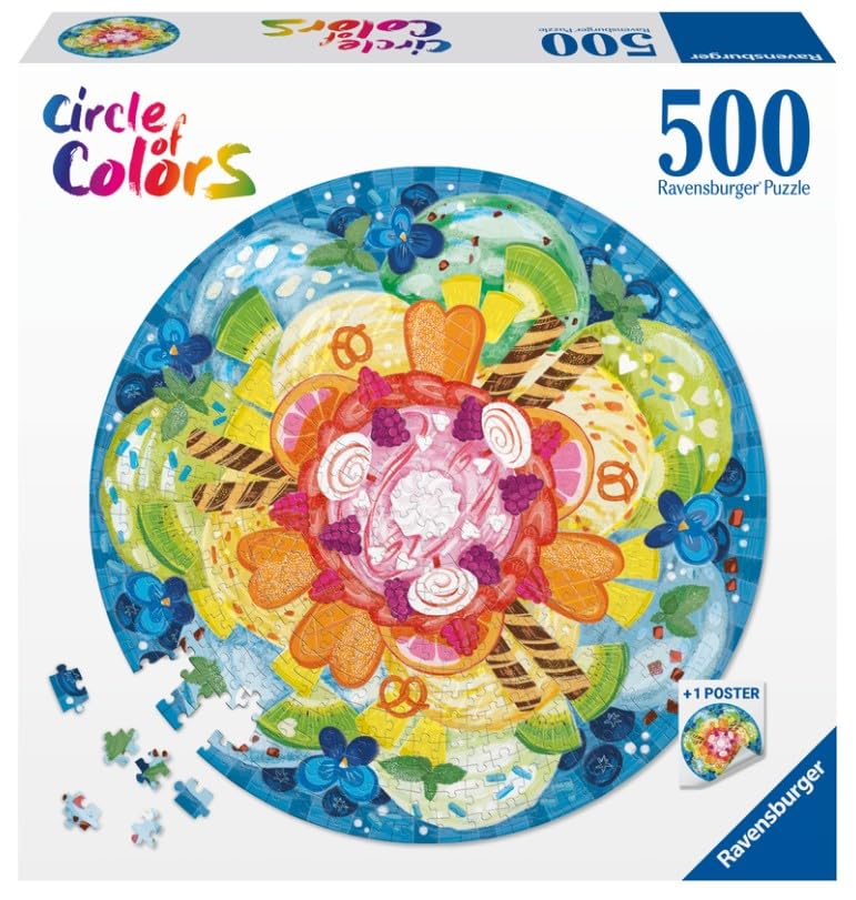 Ravensburger 500 Piece Round Ice Cream Puzzle for Adults & Kids - Premium Round Jigsaw Puzzle with Glue for Framing - Fun Family Activity, Home Decor & Gift Idea