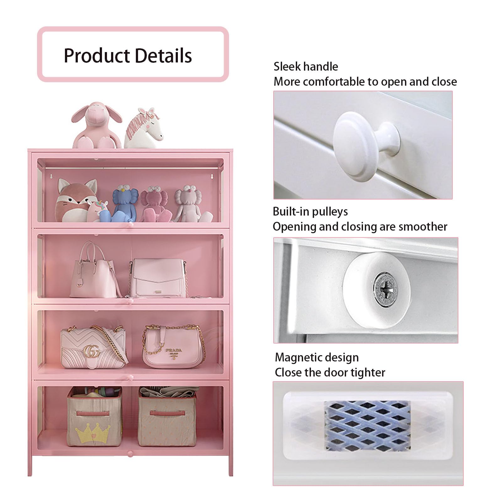Pink Glass Curio Display Cabinet with Acrylic Door - 100x176cm Large Collectible Storage Shelf for Toys, Figurines & Memorabilia - Perfect for Living Room, Bedroom or Office Display