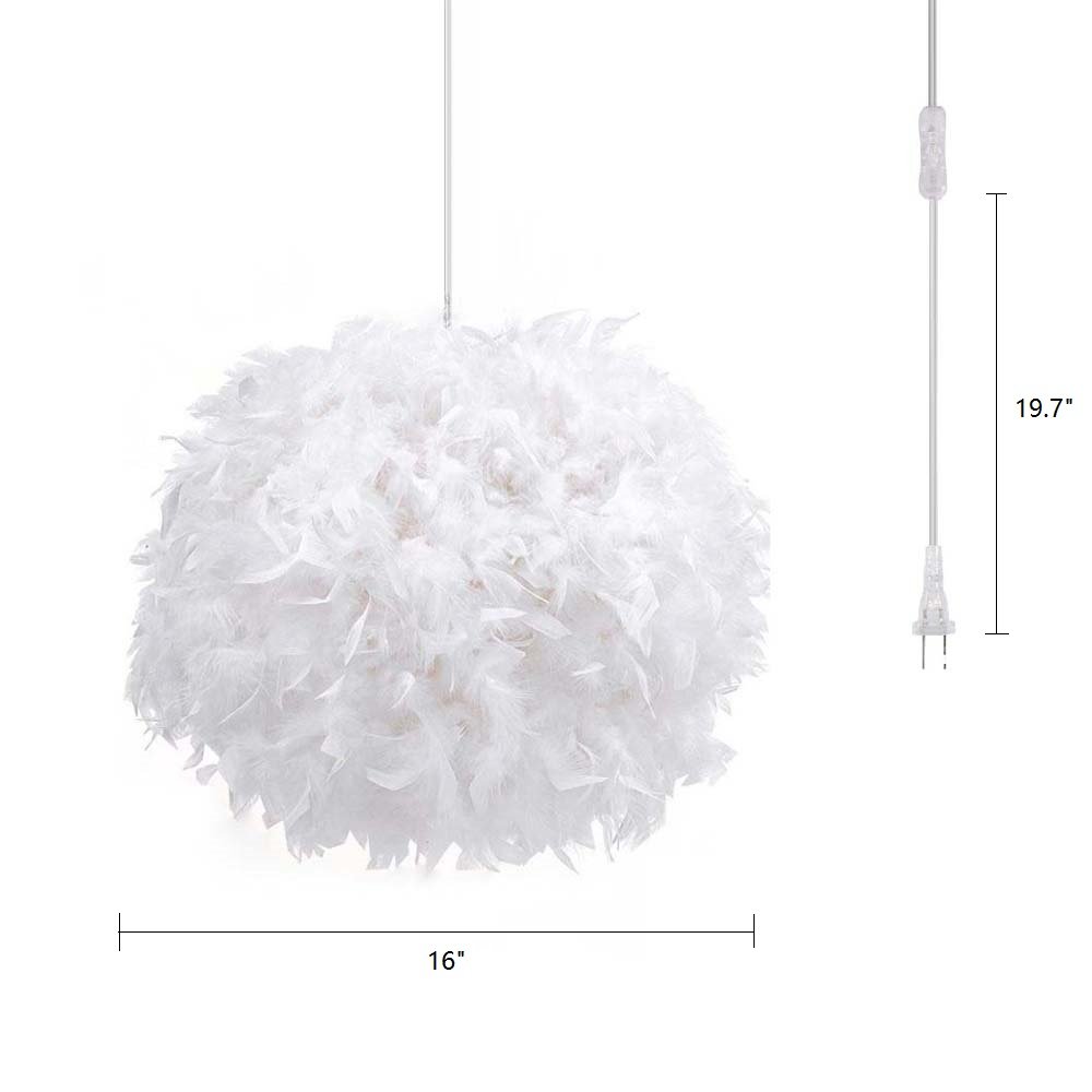 White Feather Chandelier Pendant Light - 14.8' Cord with Switch for Bedroom & Dining Room