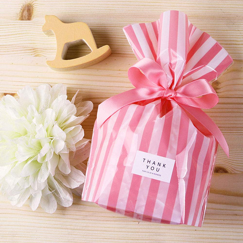 50 Pack Pink Stripe Clear Cello Bags for Candy, Treats & Party Favors - Plastic Cellophane Gift Bags for Weddings, Birthdays & Baby Showers