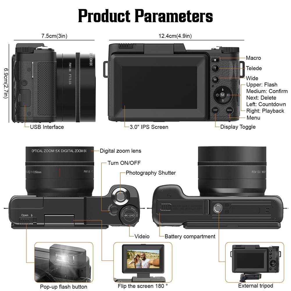 Osmond 4K 48MP Digital Camera with 5X Optical Zoom & 8X Digital Zoom, Compact Point and Shoot Camera with Auto Focus - Perfect for Travel, Vlogging, and Everyday Photography