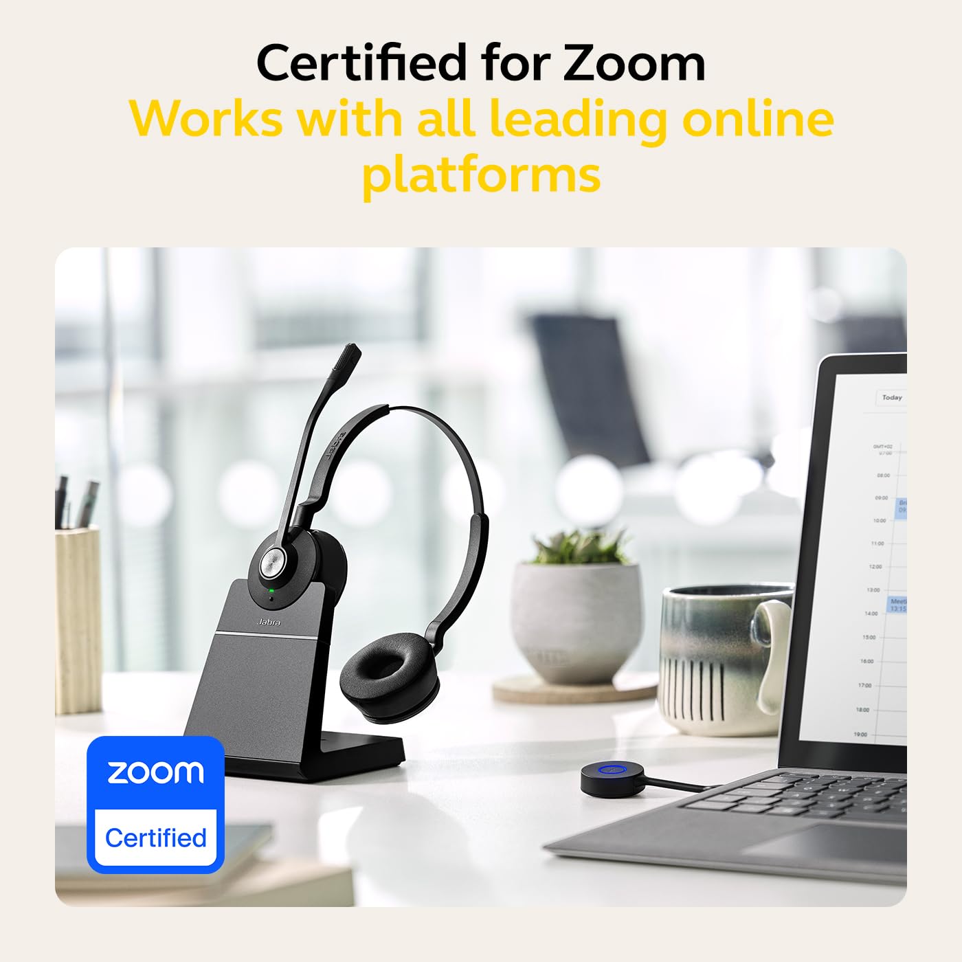 Jabra Engage 55 Stereo Wireless Headset with DECT Adapter & Charging Stand - Noise Cancelling Mic, Long Range - Google Meet & Zoom Certified - Compatible with All Platforms - Black - Perfect for Remote Work, Online Meetings & Call Centers