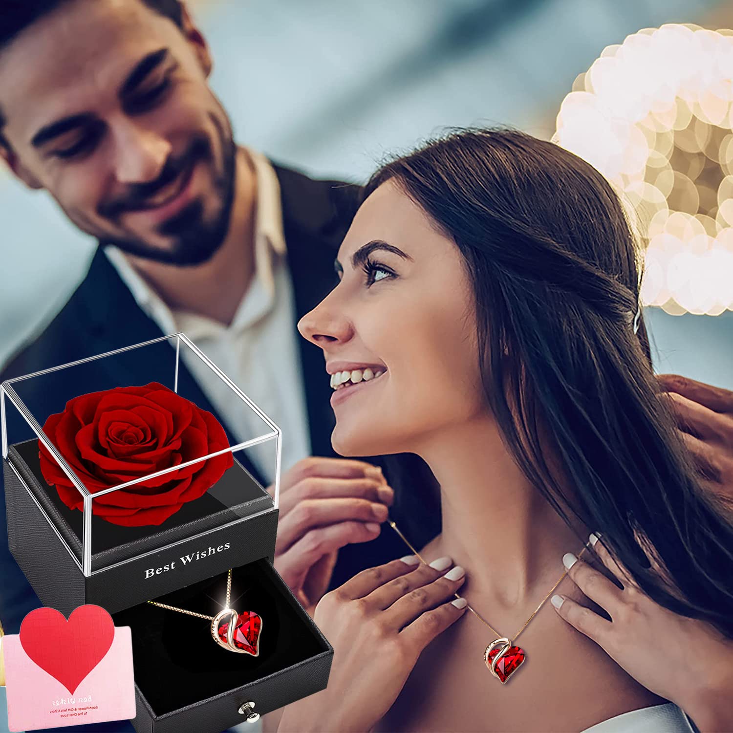 Preserved Rose Box with Red Crystal Necklace - Eternal Rose & 925 Sterling Silver Heart Pendant - Ruby Birthstone Jewelry - Enchanted Flower Garnet Gift for Women - Perfect for Mother's Day, Anniversary & Romantic Occasions
