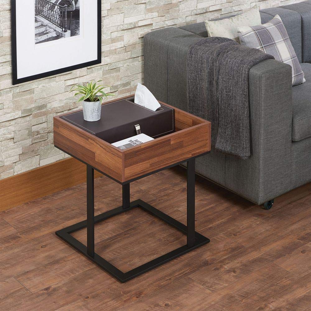 **Lazyspace Small Wooden End Table with Metal Legs - Compact Side Table for Living Room, Bedroom, Patio - Black & Brown Coffee Table for Small Spaces, Sofa, Lounge & Outdoor Use**