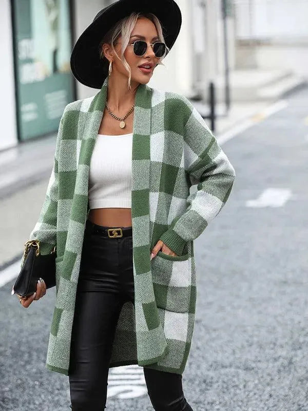 Stylish Loose Plaid Color Block Knit Cardigan Sweater for Women - Cozy Fall & Winter Fashion - Perfect for Office, Dating and Casual Outings
