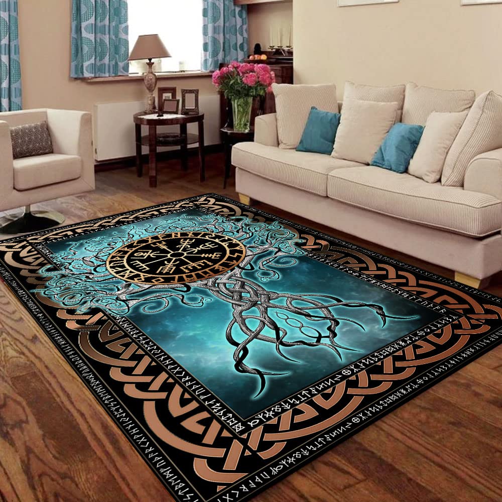 GEEMBI 5x8 Tree of Life Norse Viking Blue Area Rug - Soft Living Room & Bedroom Carpet - Aesthetic Dining Room Decor - Perfect Gift for Men & Home - Cozy Floor Mat for Nordic Style Interior Design