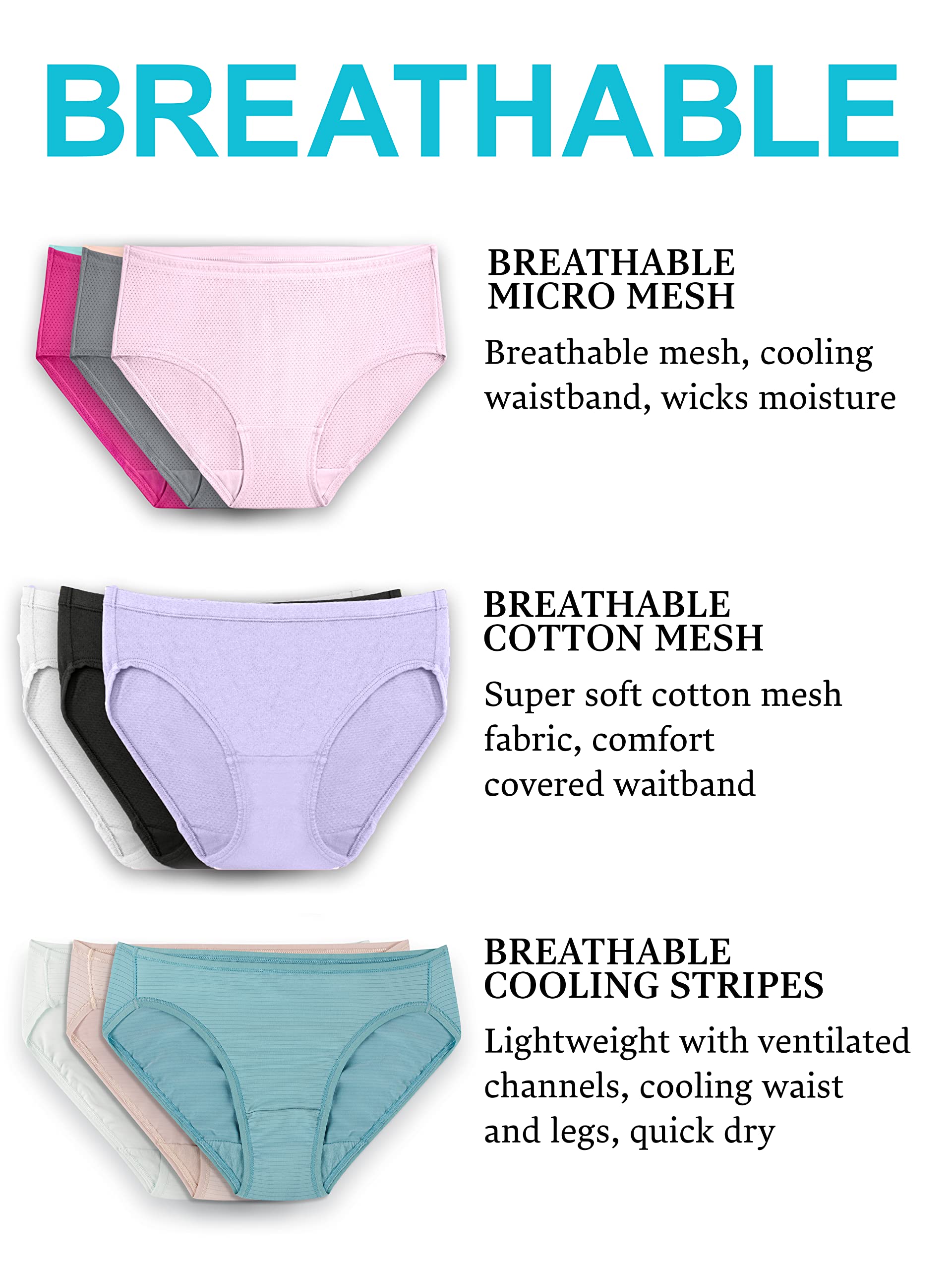 Fruit of the Loom Women's Breathable Cotton Underwear - 6 Pack Hipster Panties in Regular & Plus Sizes - Soft Micro Mesh for All-Day Comfort - Perfect for Workout, Yoga and Daily Wear
