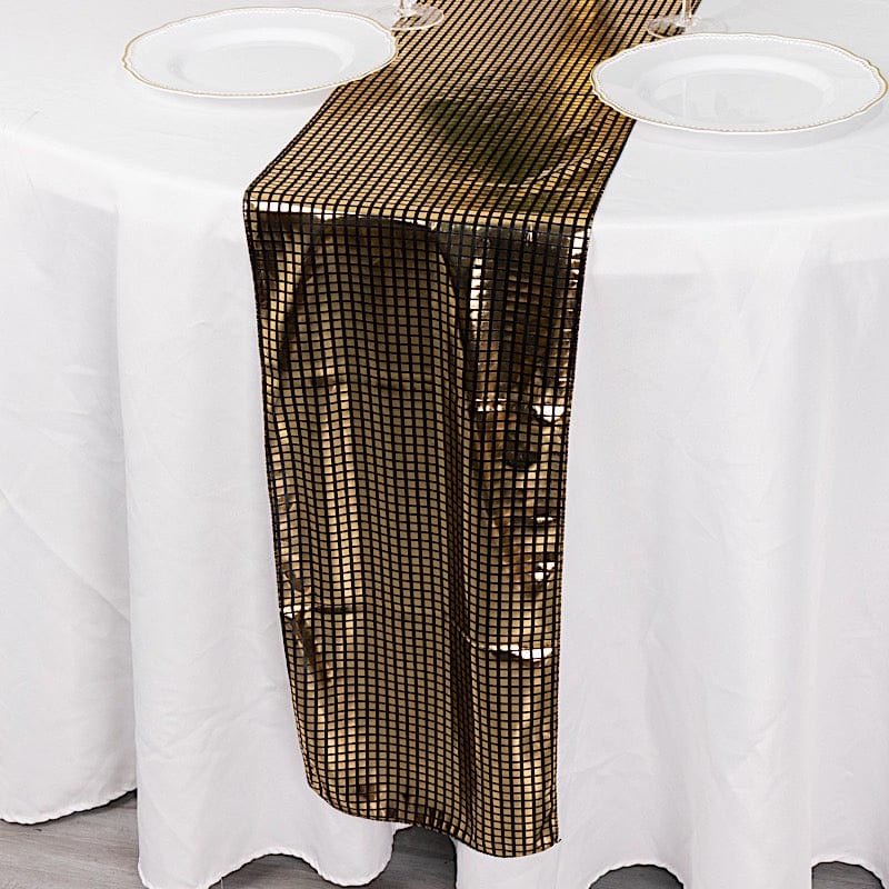 12-Pack Black and Gold Mirror Foil Polyester Table Runners - Elegant Dining Decor for Weddings, Parties & Holiday Celebrations