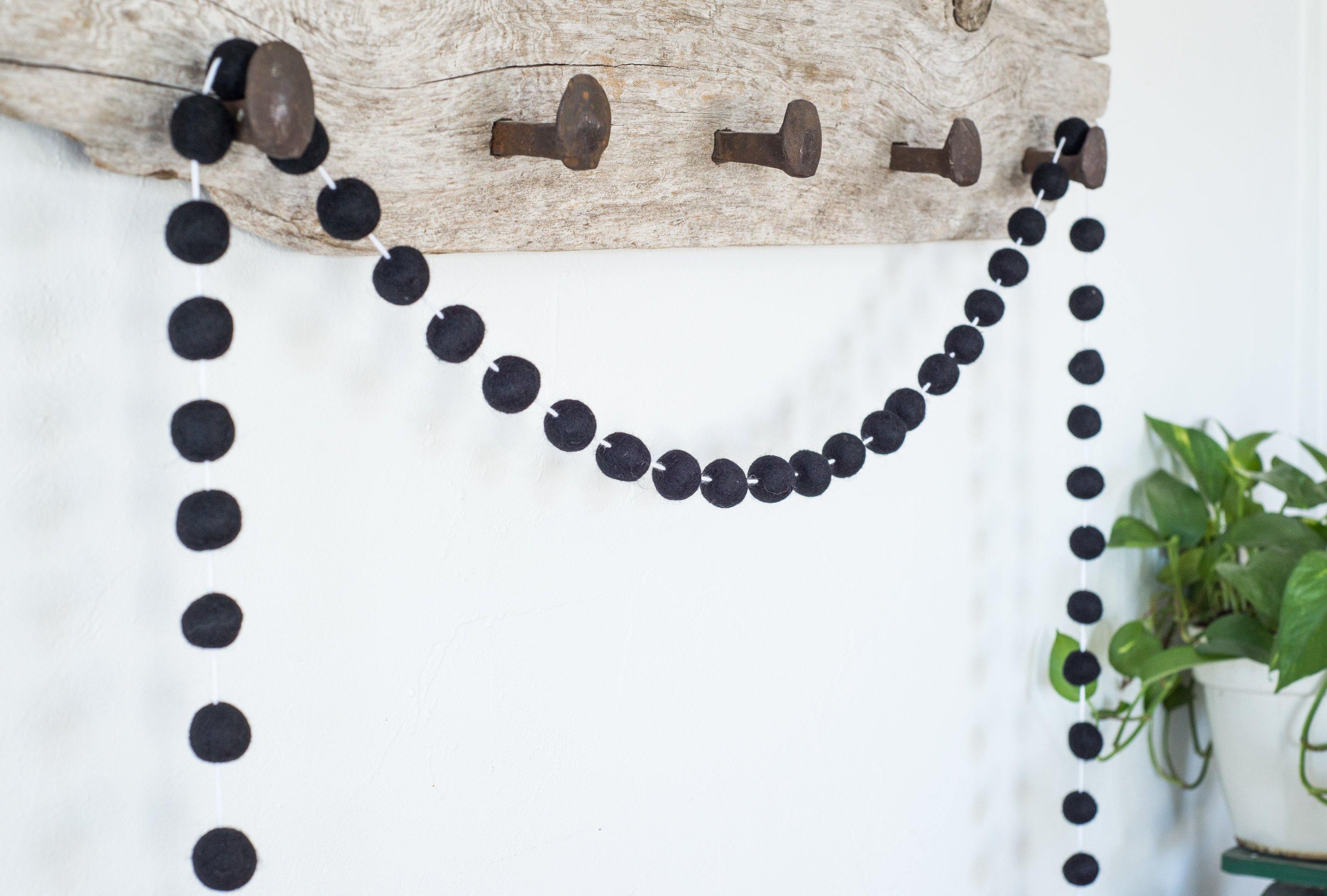 Black Felt Ball Garland - 6ft Decorative String for Parties, Weddings, Nursery & Home Decor | Eco-Friendly Wool Felt Balls for DIY Crafts & Boho Style Room Decorations