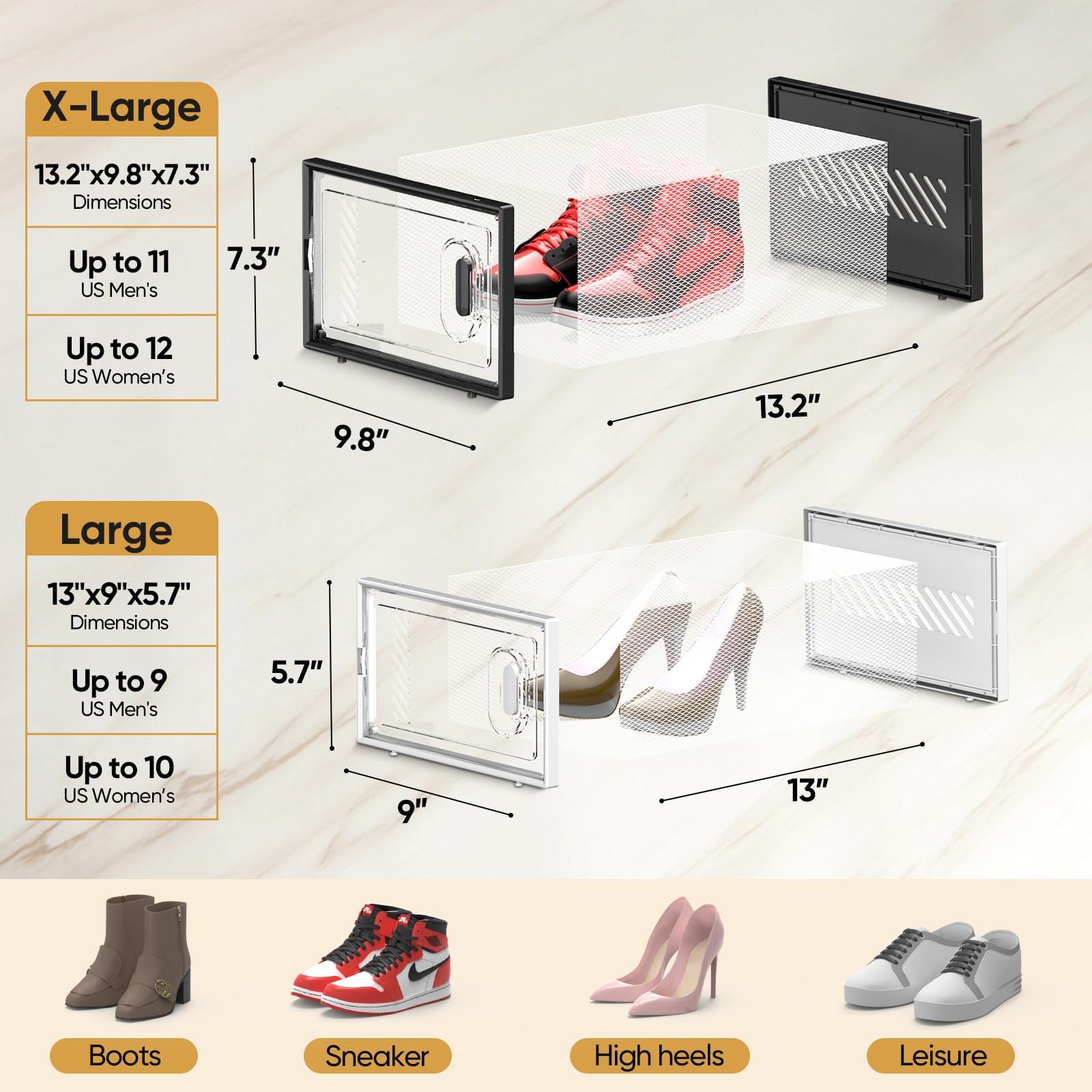 BALEINE 12 Pack Stackable Clear Shoe Storage Boxes with Lids - Foldable Plastic Shoe Organizer for Sneakers, Boots & Heels (Fits Size 9, Large Black) - Perfect for Closet, Bedroom & Entryway Organization