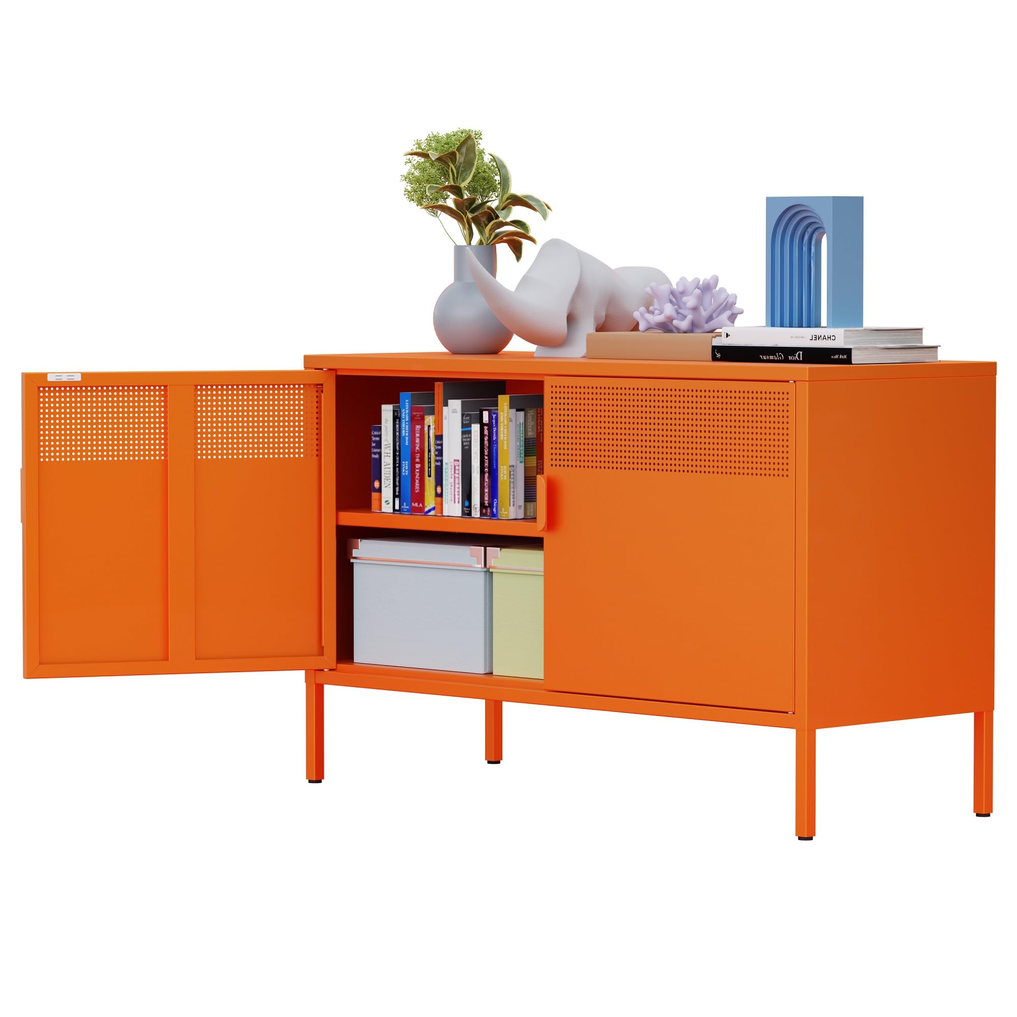 Orange Wide Metal Locker Storage Cabinet - 2 Door Industrial Style Cabinet for Home & Office Organization - 2 Tier Low Profile Metal Cabinet with Adjustable Shelf - Perfect as TV Stand, Entryway Storage or Dorm Room Furniture