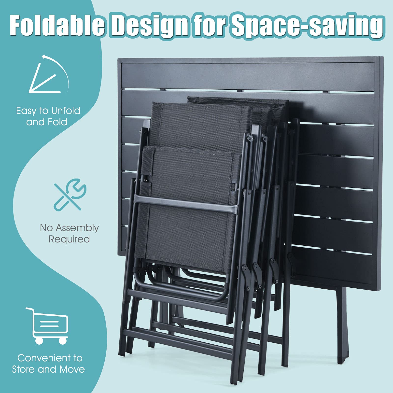 Tangkula 5-Piece Patio Dining Set - No Assembly Required Outdoor Furniture with 4 Armchairs & 1 Table, Folding Chair Set with 1.5
